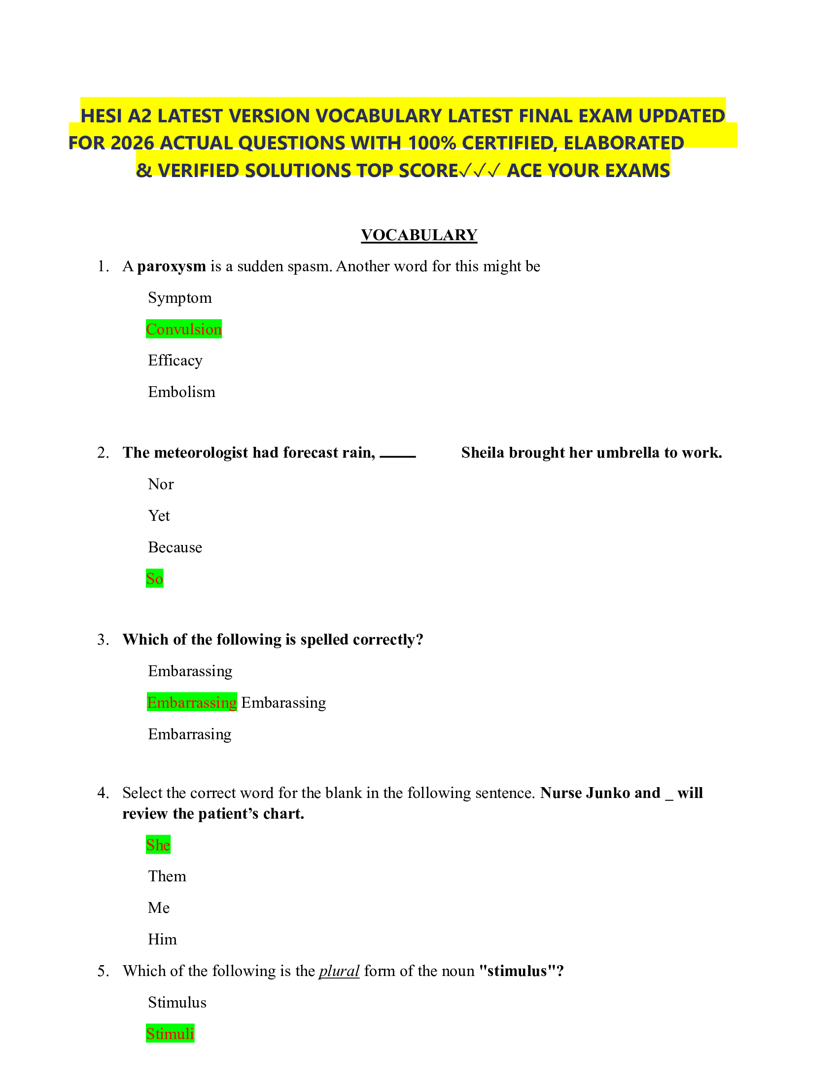 HESI A2 LATEST VERSION VOCABULARY LATEST FINAL EXAM UPDATED   FOR 2026 ACTUAL QUESTIONS WITH 100% CERTIFIED, ELABORATED   & VERIFIED SOLUTIONS TOP SCORE✓✓✓ ACE YOUR EXAMS