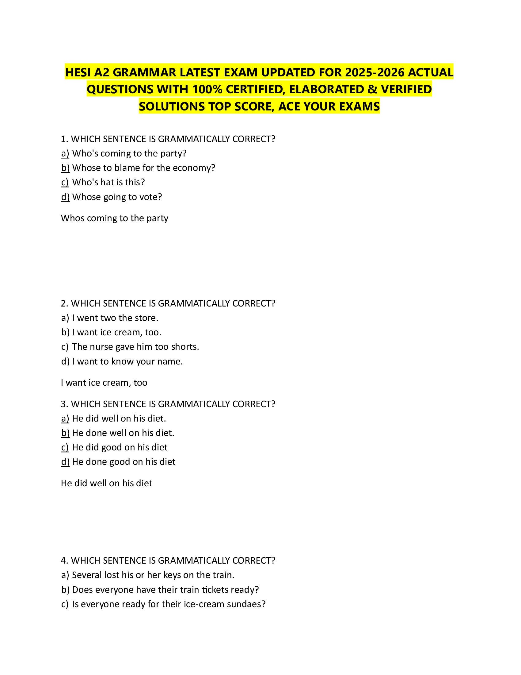 HESI A2 GRAMMAR LATEST EXAM UPDATED FOR 2026-2026 ACTUAL  QUESTIONS WITH 100% CERTIFIED, ELABORATED & VERIFIED  SOLUTIONS TOP SCORE, ACE YOUR EXAMS