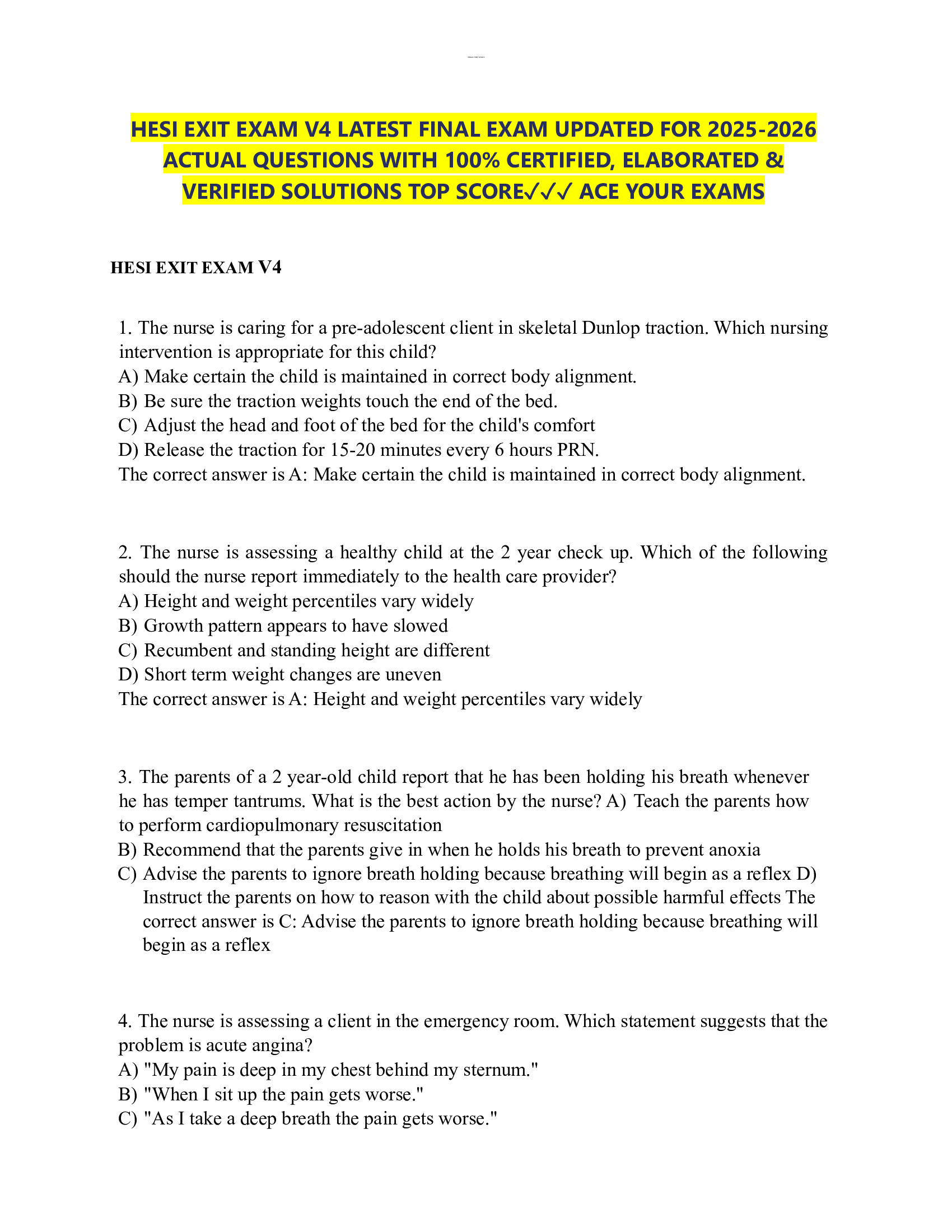 HESI EXIT EXAM V4 LATEST FINAL EXAM UPDATED FOR 2026-2026  ACTUAL QUESTIONS WITH 100% CERTIFIED, ELABORATED &  VERIFIED SOLUTIONS TOP SCORE✓✓✓ ACE YOUR EXAMS