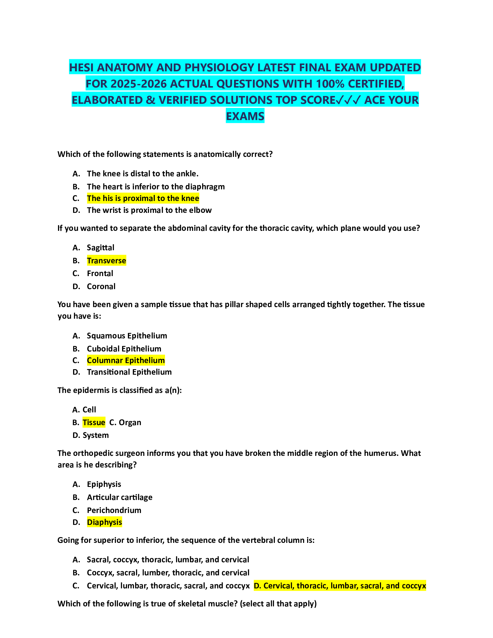 HESI ANATOMY AND PHYSIOLOGY LATEST FINAL EXAM UPDATED  FOR 2026-2026 ACTUAL QUESTIONS WITH 100% CERTIFIED,  ELABORATED & VERIFIED SOLUTIONS TOP SCORE✓✓✓ ACE YOUR  EXAMS