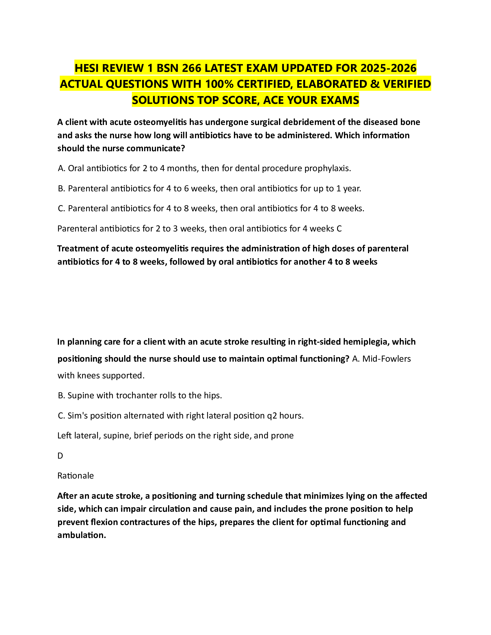 HESI REVIEW 1 BSN 266 LATEST EXAM UPDATED FOR 2026-2026  ACTUAL QUESTIONS WITH 100% CERTIFIED, ELABORATED & VERIFIED  SOLUTIONS TOP SCORE, ACE YOUR EXAMS