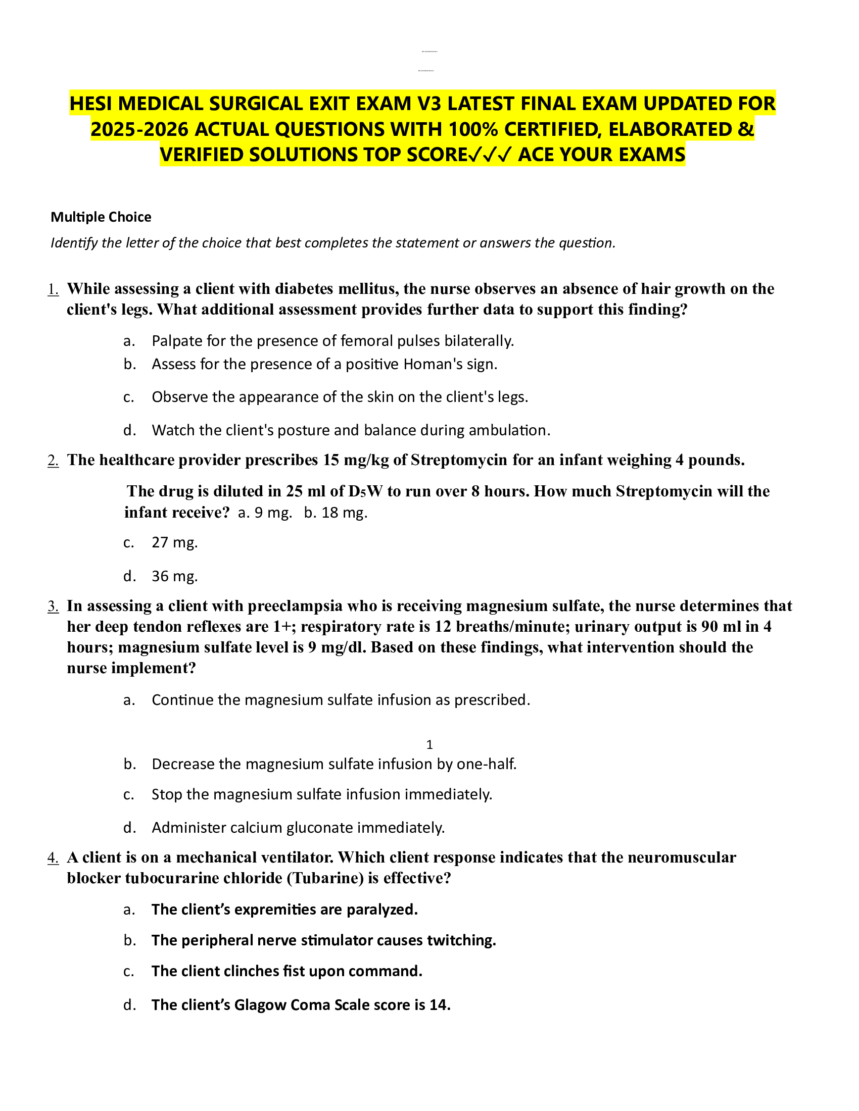HESI MEDICAL SURGICAL EXIT EXAM V3 LATEST FINAL EXAM UPDATED FOR  2026-2026 ACTUAL QUESTIONS WITH 100% CERTIFIED, ELABORATED &  VERIFIED SOLUTIONS TOP SCORE✓✓✓ ACE YOUR EXAMS