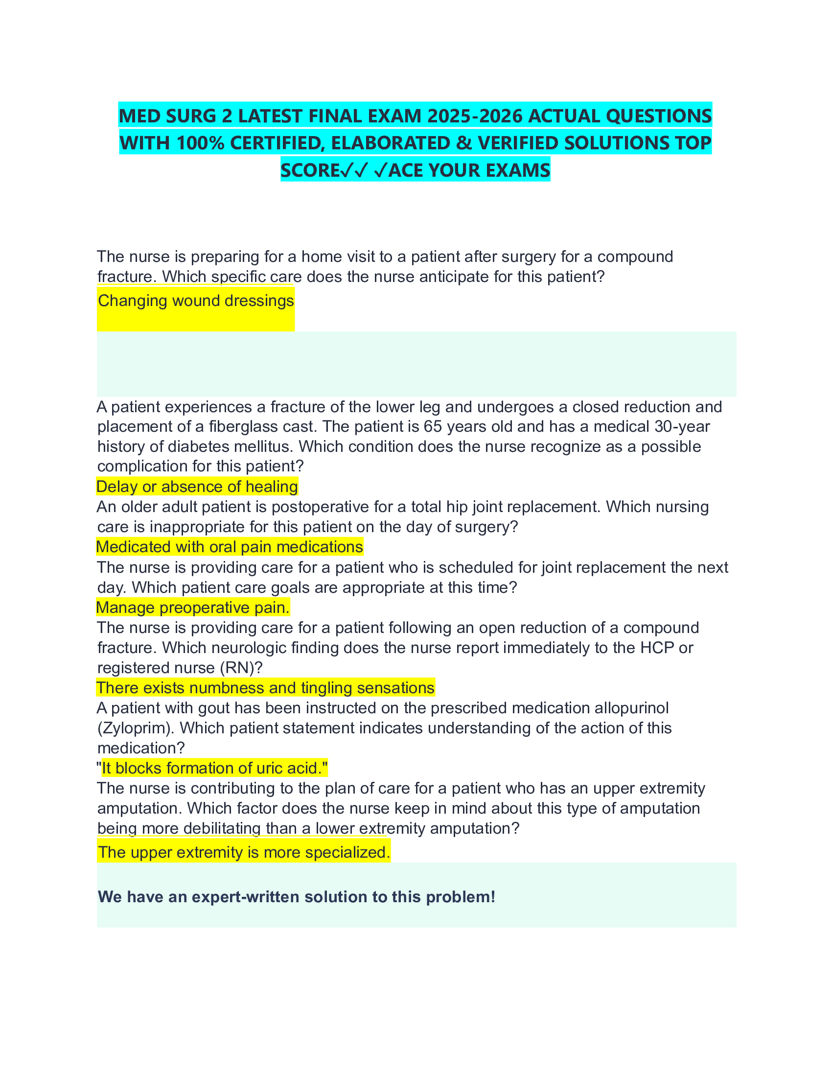 MED SURG 2 LATEST FINAL EXAM 2026-2026 ACTUAL QUESTIONS  WITH 100% CERTIFIED, ELABORATED & VERIFIED SOLUTIONS TOP  SCORE✓✓ ✓ACE YOUR EXAMS