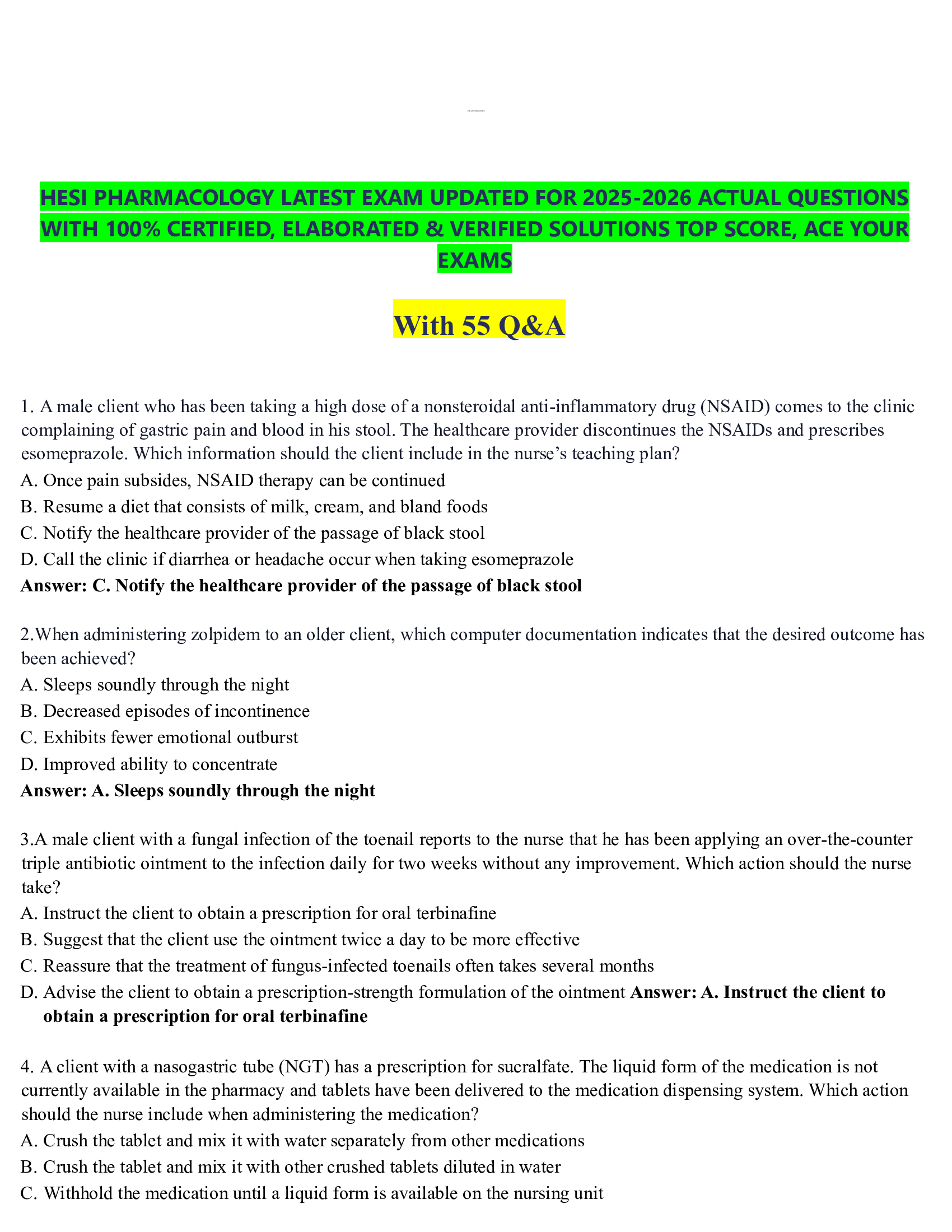 HESI PHARMACOLOGY LATEST EXAM UPDATED FOR 2026-2026 ACTUAL QUESTIONS  WITH 100% CERTIFIED, ELABORATED & VERIFIED SOLUTIONS TOP SCORE, ACE YOUR  EXAMS