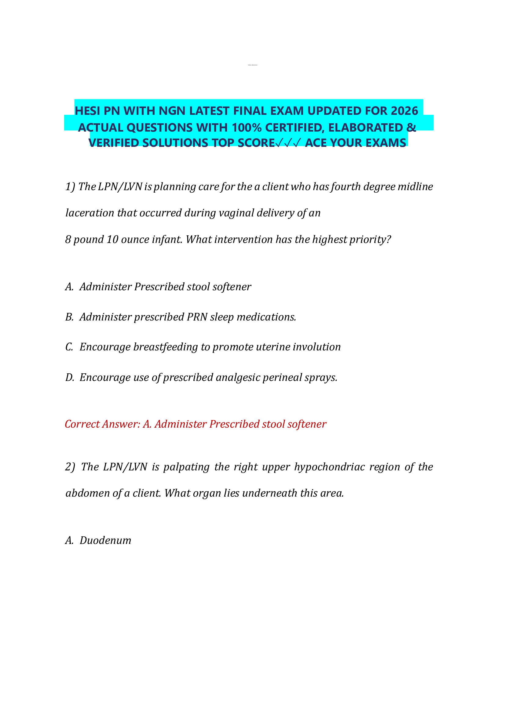 HESI PN WITH NGN LATEST FINAL EXAM UPDATED FOR 2026  ACTUAL QUESTIONS WITH 100% CERTIFIED, ELABORATED &  VERIFIED SOLUTIONS TOP SCORE✓✓✓ ACE YOUR EXAMS