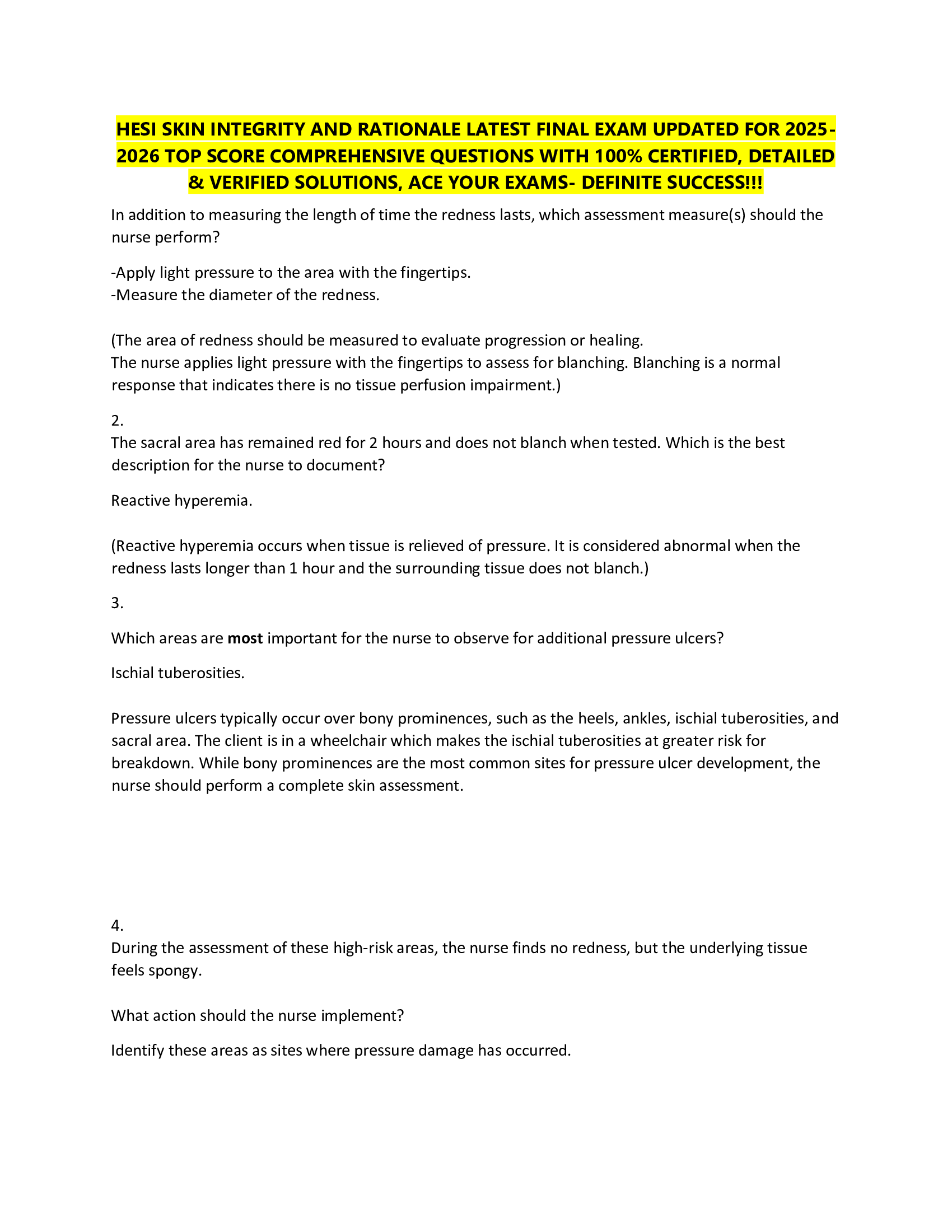 HESI SKIN INTEGRITY AND RATIONALE LATEST FINAL EXAM UPDATED FOR 2026 2026 TOP SCORE COMPREHENSIVE QUESTIONS WITH 100% CERTIFIED, DETAILED  & VERIFIED SOLUTIONS, ACE YOUR EXAMS- DEFINITE SUCCESS!!!