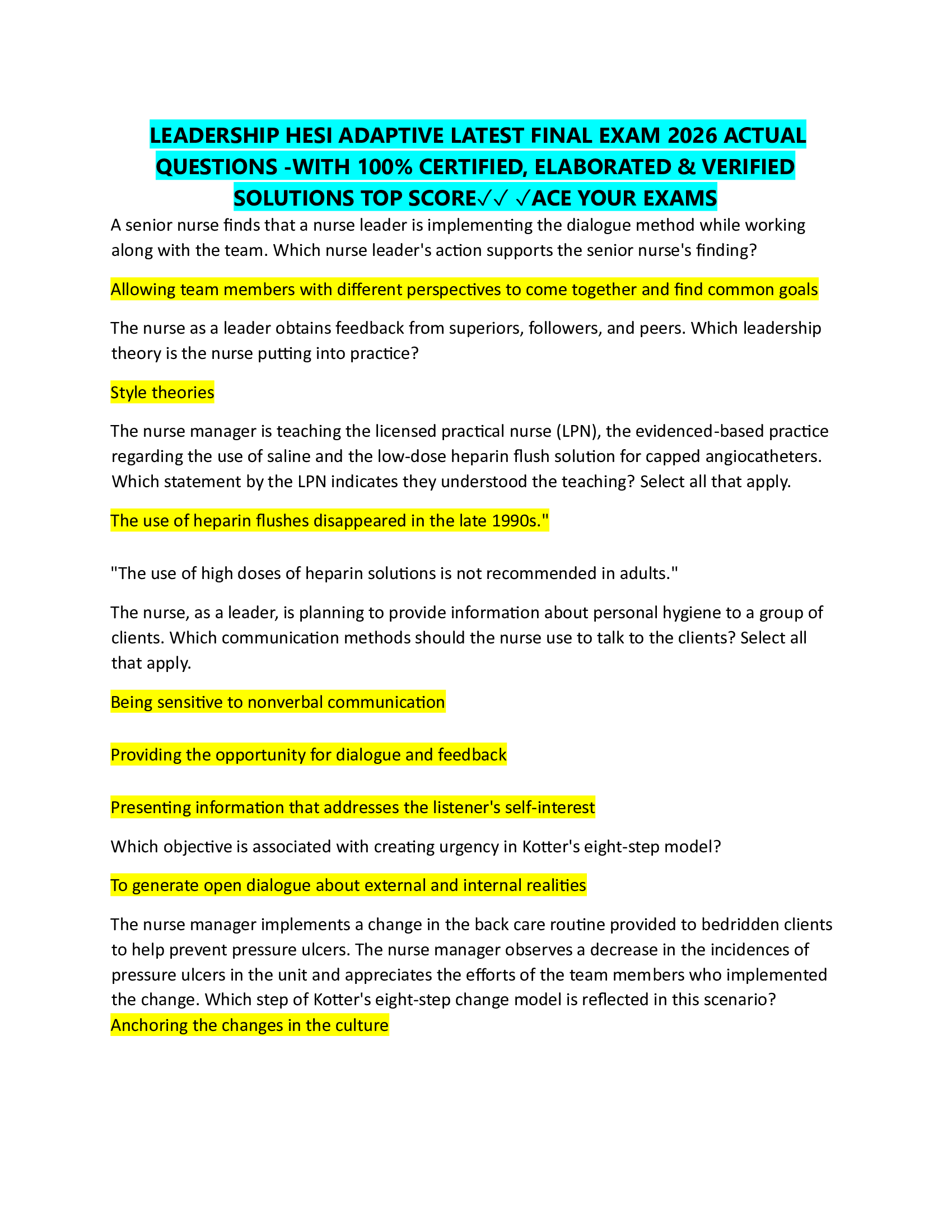 LEADERSHIP HESI ADAPTIVE LATEST FINAL EXAM 2026 ACTUAL  QUESTIONS -WITH 100% CERTIFIED, ELABORATED & VERIFIED  SOLUTIONS TOP SCORE✓✓ ✓ACE YOUR EXAMS