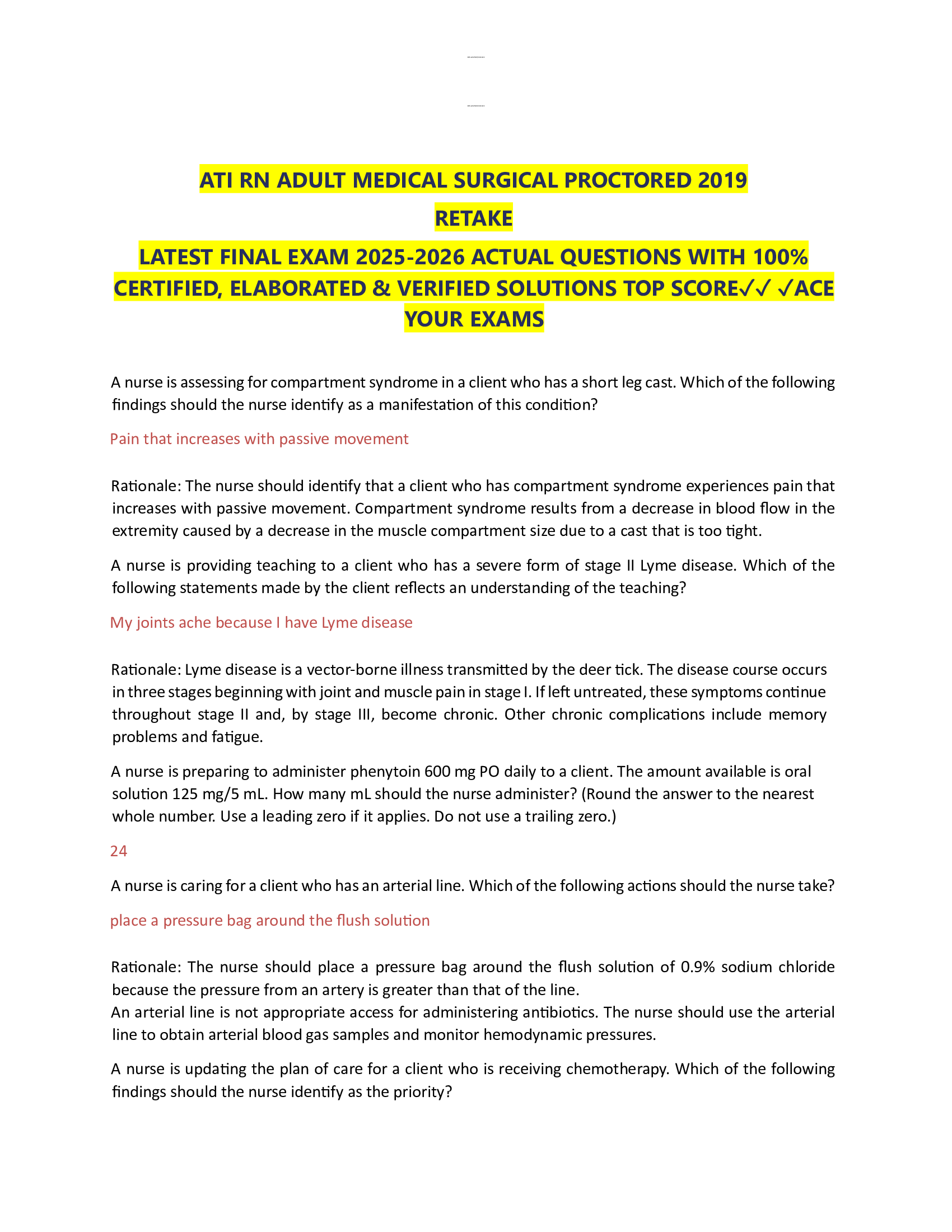 ATI RN ADULT MEDICAL SURGICAL PROCTORED 2019  RETAKE  LATEST FINAL EXAM 2026-2026 ACTUAL QUESTIONS WITH 100%  CERTIFIED, ELABO
