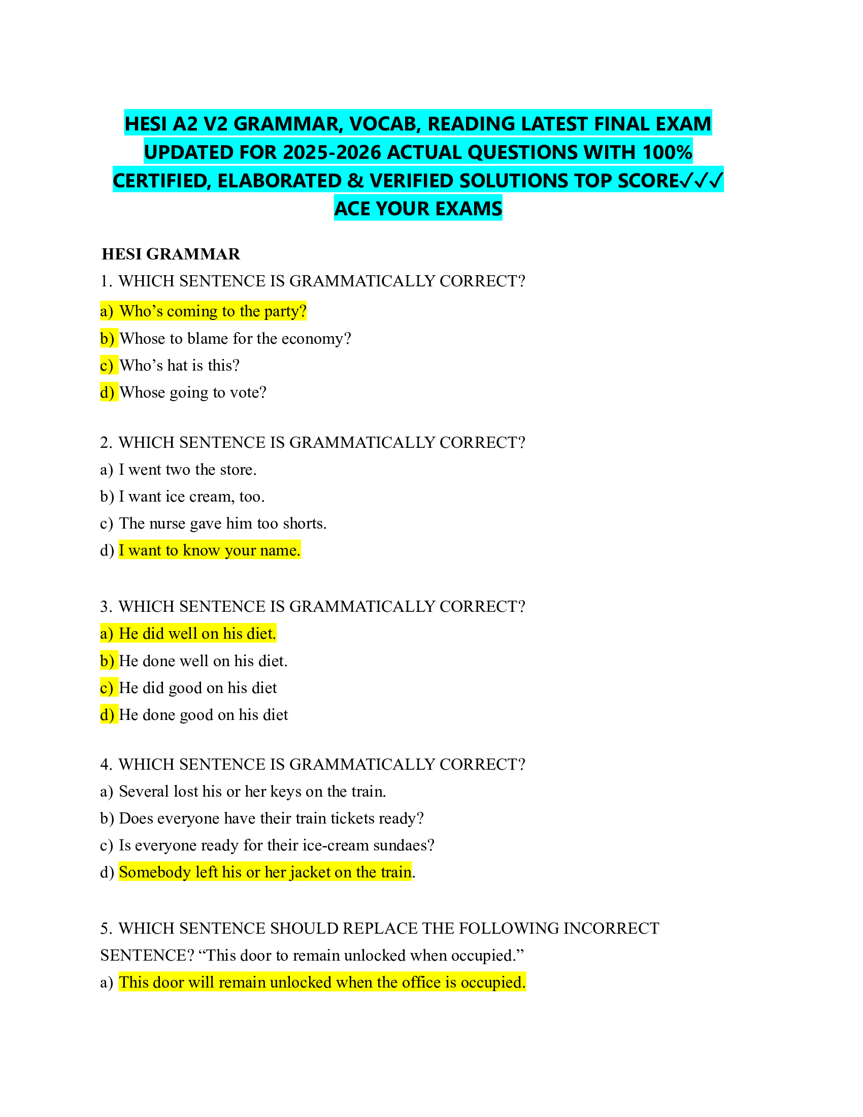HESI A2 V2 GRAMMAR, VOCAB, READING LATEST FINAL EXAM  UPDATED FOR 2026-2026 ACTUAL QUESTIONS WITH 100%  CERTIFIED, ELABORATED & VERIFIED SOLUTIONS TOP SCORE✓✓✓  ACE YOUR EXAMS