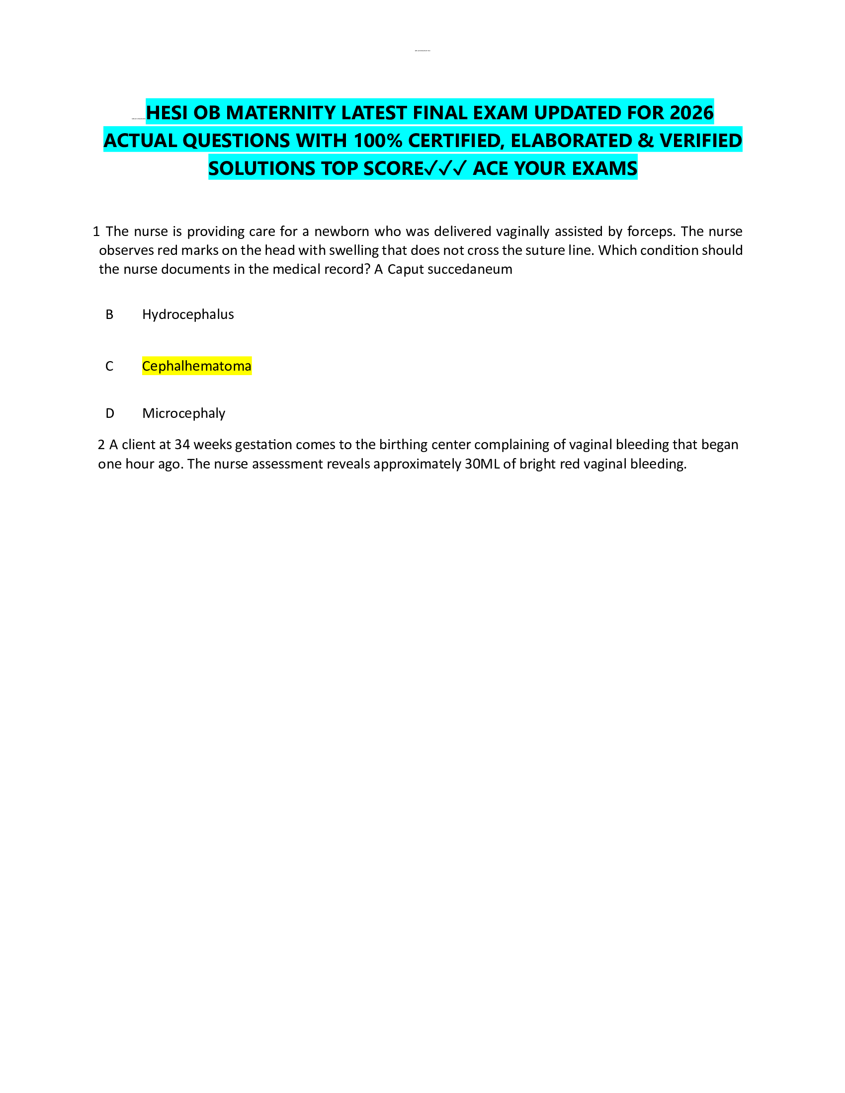 HESI OB MATERNITY LATEST FINAL EXAM UPDATED FOR 2026  ACTUAL QUESTIONS WITH 100% CERTIFIED, ELABORATED & VERIFIED  SOLUTIONS TOP SCORE✓✓✓ ACE YOUR EXAMS