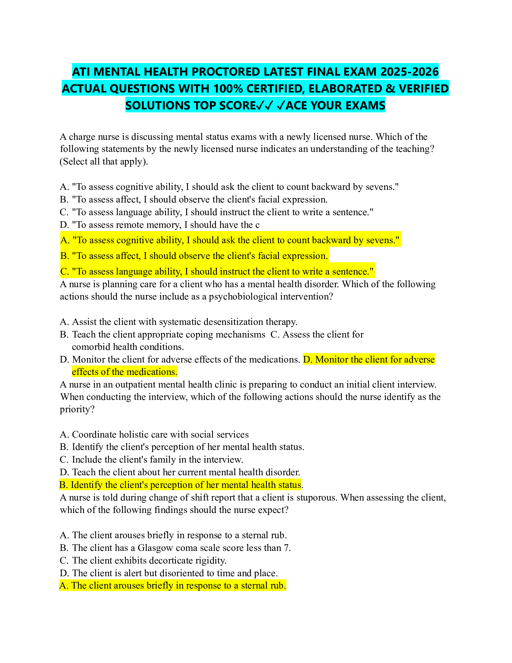 ATI MENTAL HEALTH PROCTORED LATEST FINAL EXAM 2026-2026  ACTUAL QUESTIONS WITH 100% CERTIFIED, ELABORATED & VERIFIED  SOLUTIONS TOP SCORE✓✓ ✓ACE YOUR EXAMS