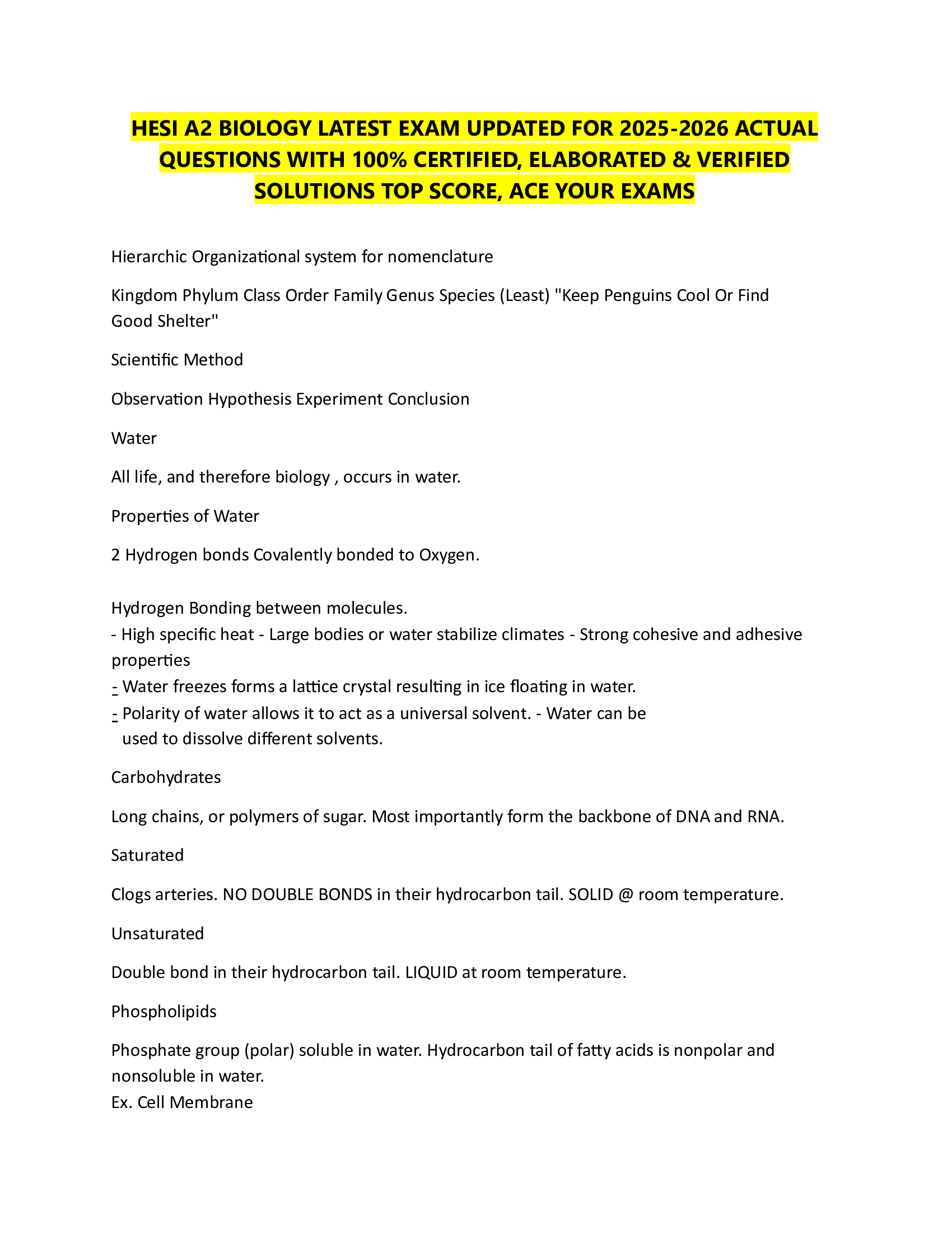 HESI A2 BIOLOGY LATEST EXAM UPDATED FOR 2026-2026 ACTUAL  QUESTIONS WITH 100% CERTIFIED, ELABORATED & VERIFIED  SOLUTIONS TOP SCORE, ACE YOUR EXAMS