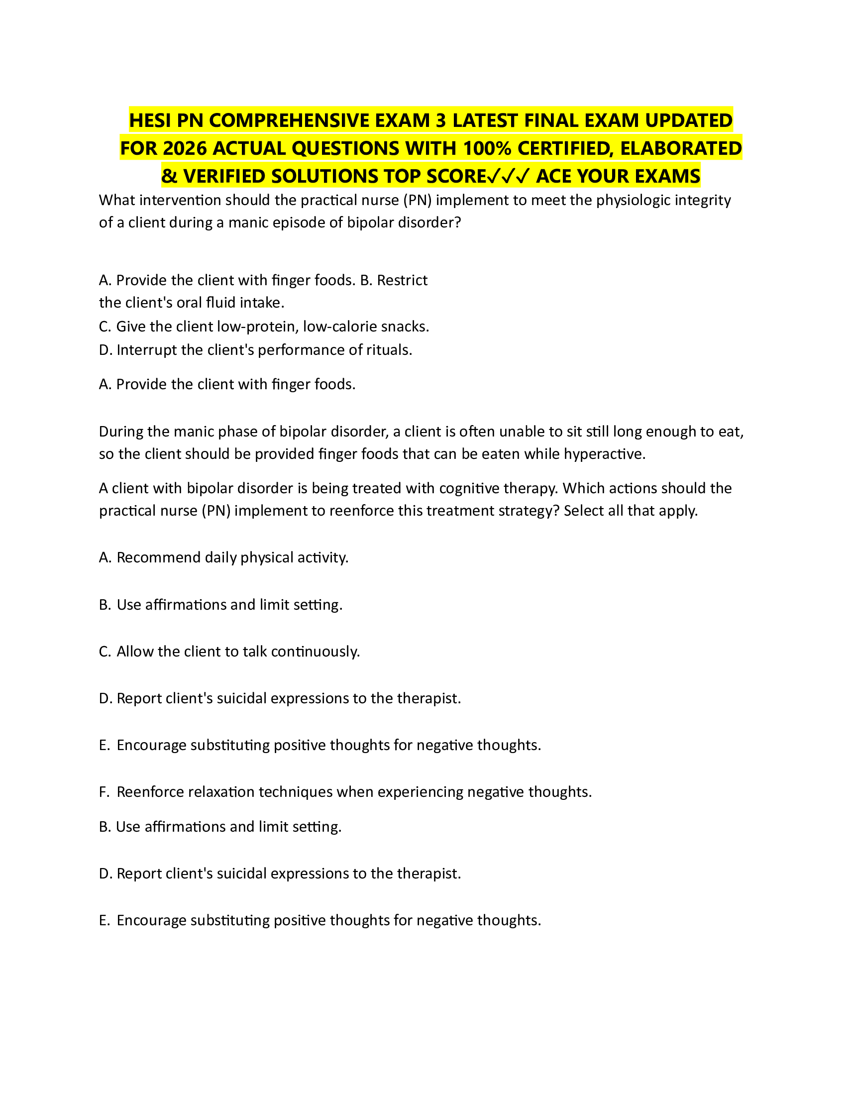 HESI PN COMPREHENSIVE EXAM 3 LATEST FINAL EXAM UPDATED  FOR 2026 ACTUAL QUESTIONS WITH 100% CERTIFIED, ELABORATED  & VERIFIED SOLUTIONS TOP SCORE✓✓✓ ACE YOUR EXAMS