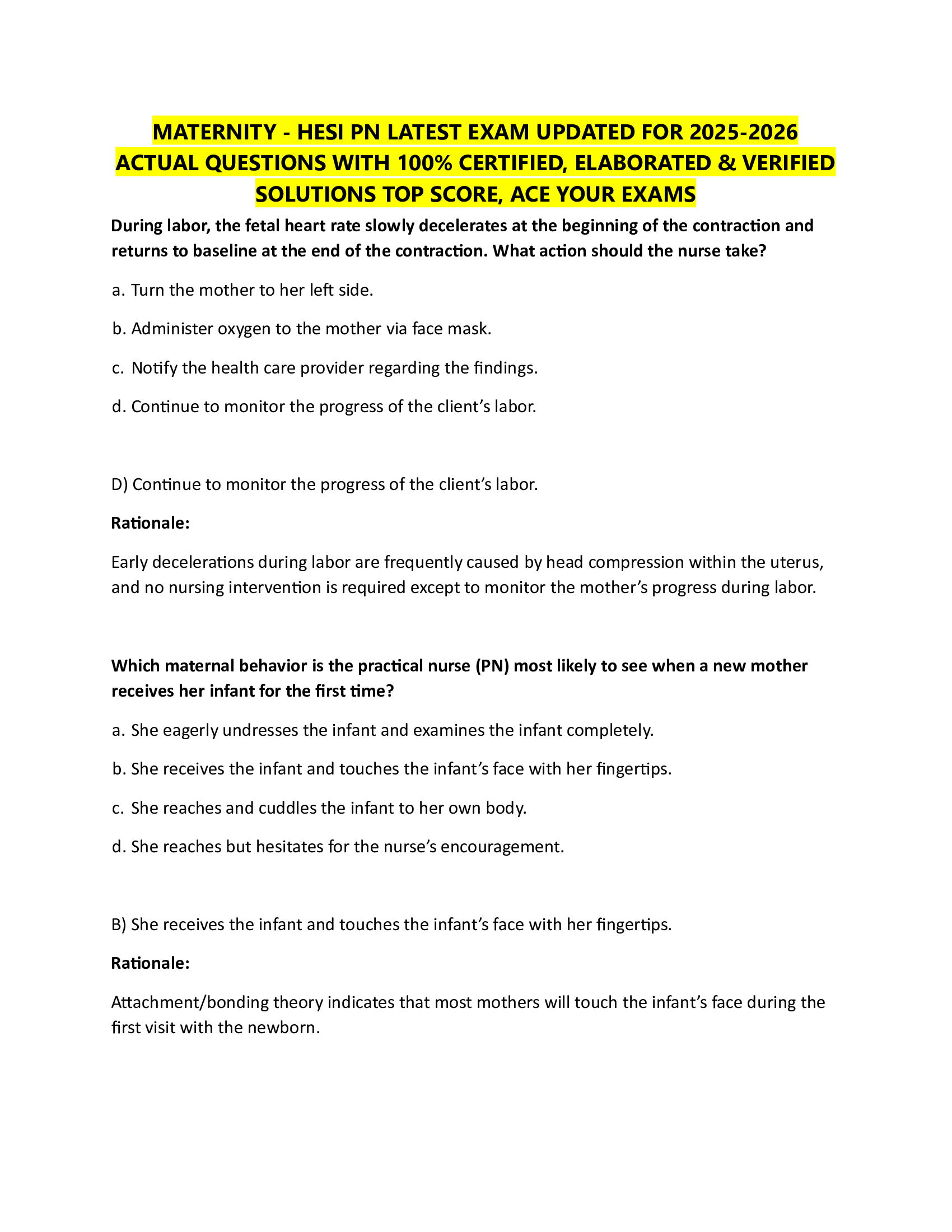 MATERNITY - HESI PN LATEST EXAM UPDATED FOR 2026-2026  ACTUAL QUESTIONS WITH 100% CERTIFIED, ELABORATED & VERIFIED  SOLUTIONS TOP SCORE, ACE YOUR EXAMS