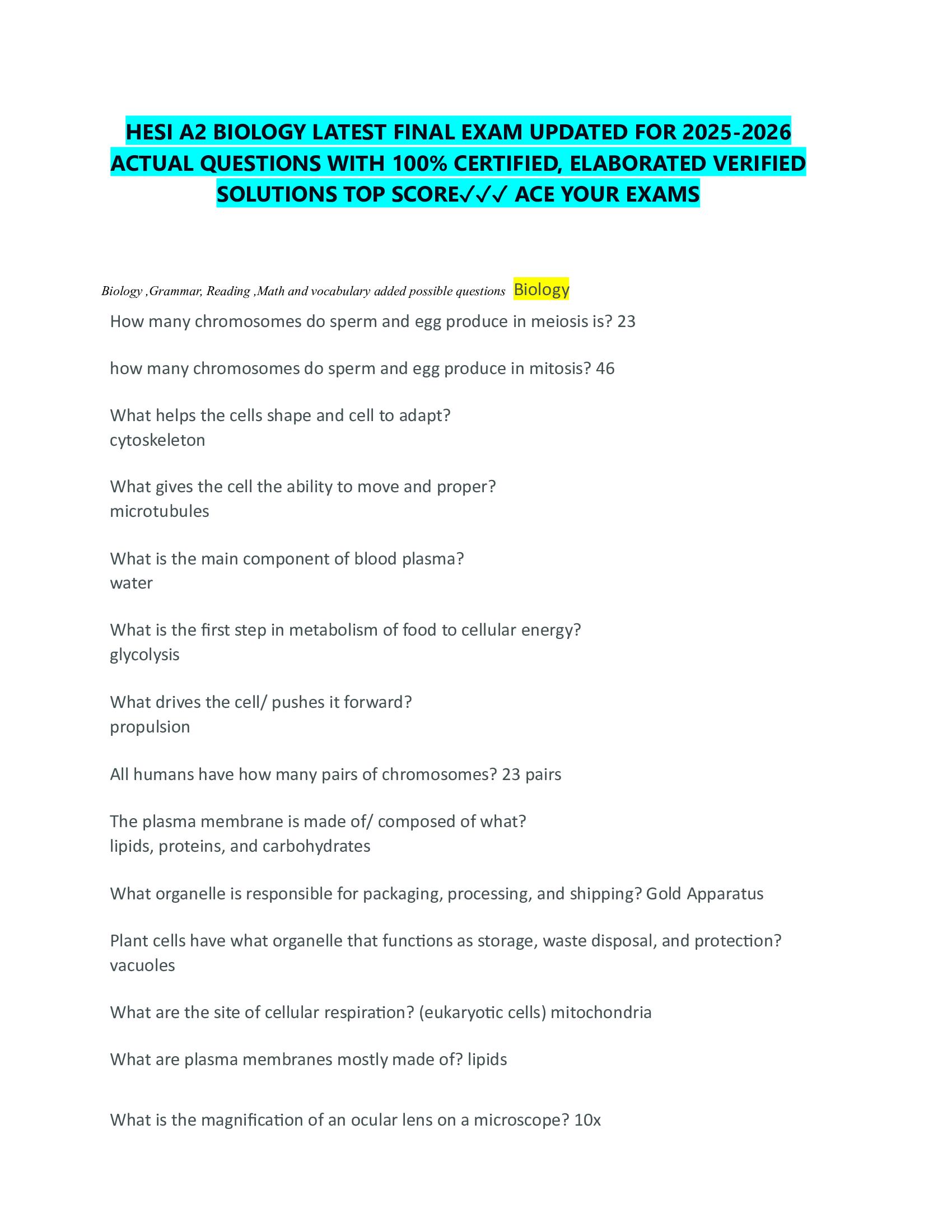 HESI A2 BIOLOGY LATEST FINAL EXAM UPDATED FOR 2026-2026  ACTUAL QUESTIONS WITH 100% CERTIFIED, ELABORATED VERIFIED  SOLUTIONS TOP SCORE✓✓✓ ACE YOUR EXAMS