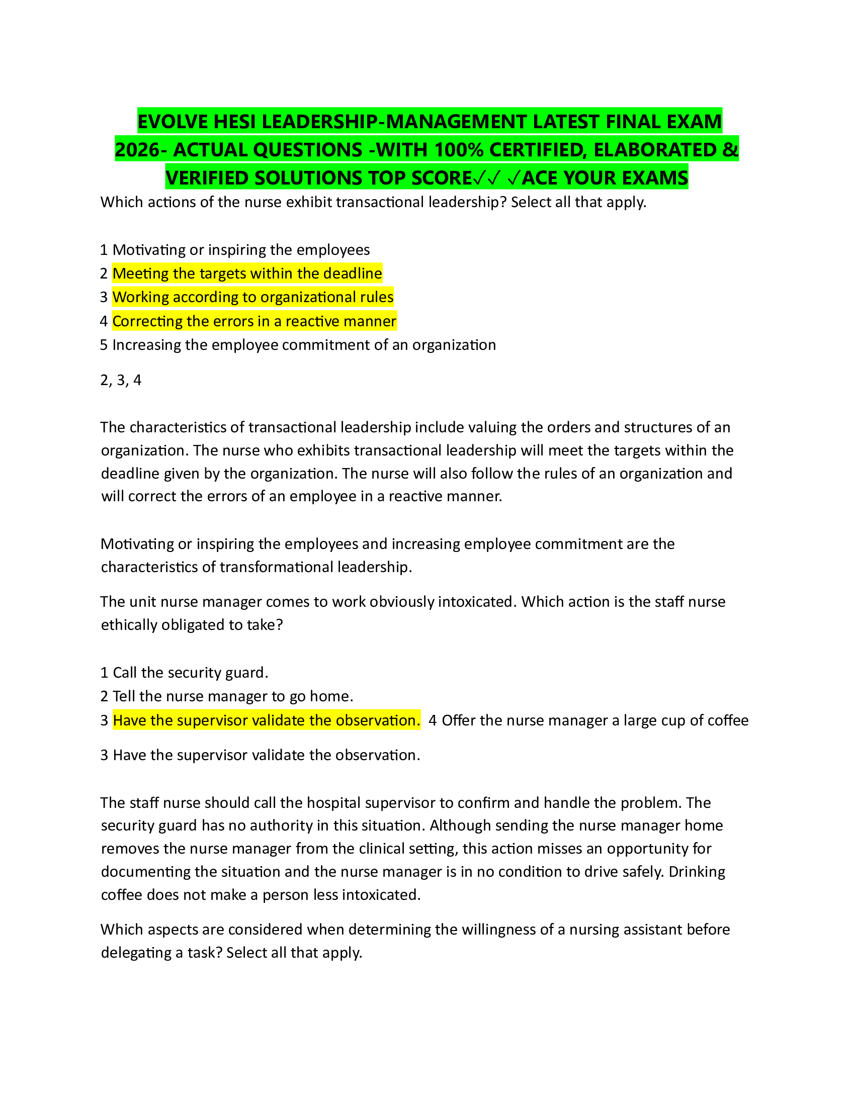EVOLVE HESI LEADERSHIP-MANAGEMENT LATEST FINAL EXAM  2026- ACTUAL QUESTIONS -WITH 100% CERTIFIED, ELABORATED &  VERIFIED SOLUTIONS TOP SCORE✓✓ ✓ACE YOUR EXAMS