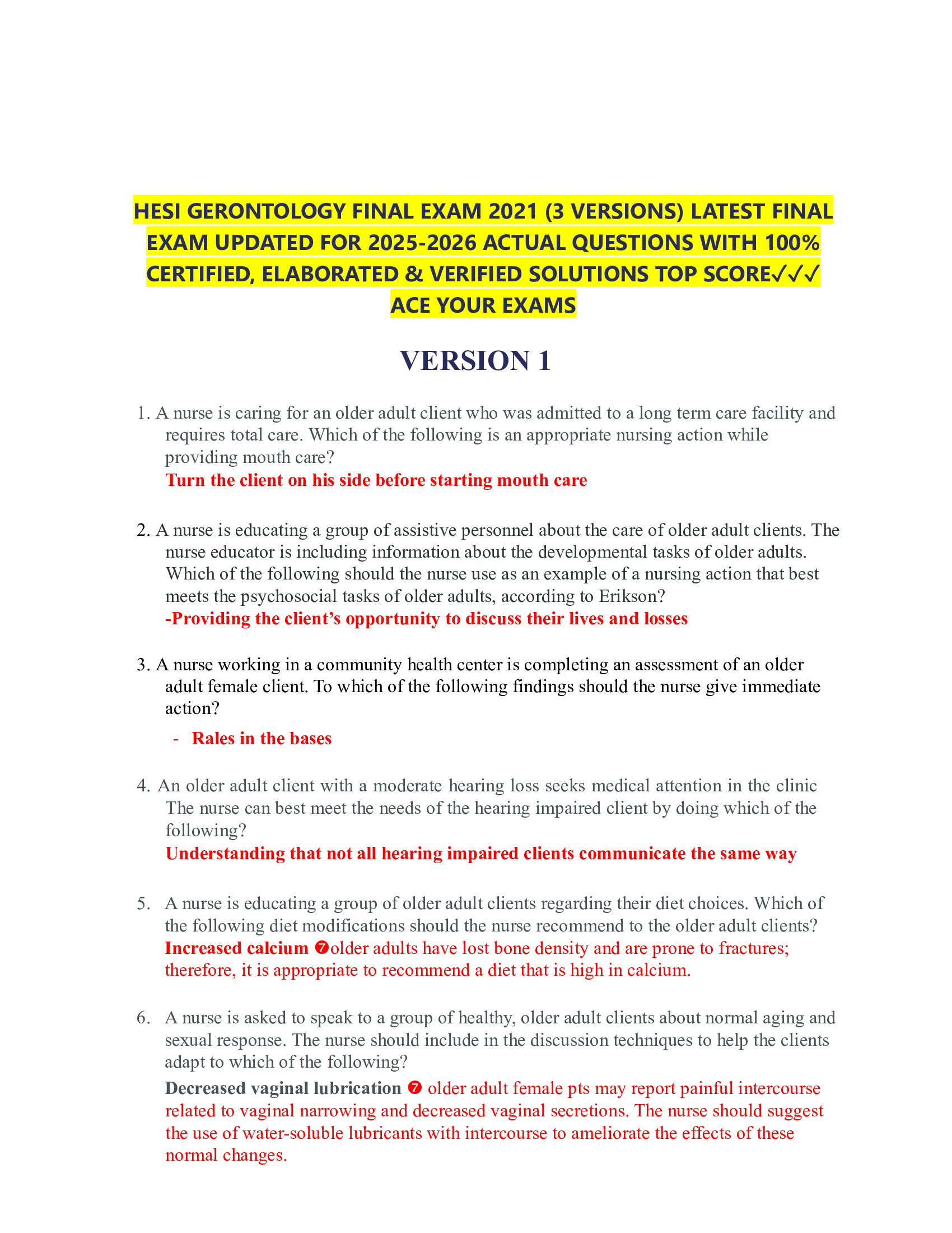 HESI GERONTOLOGY FINAL EXAM 2021 (3 VERSIONS) LATEST FINAL  EXAM UPDATED FOR 2026-2026 ACTUAL QUESTIONS WITH 100%  CERTIFIED, ELABORATED & VERIFIED SOLUTIONS TOP SCORE✓✓✓  ACE YOUR EXAMS