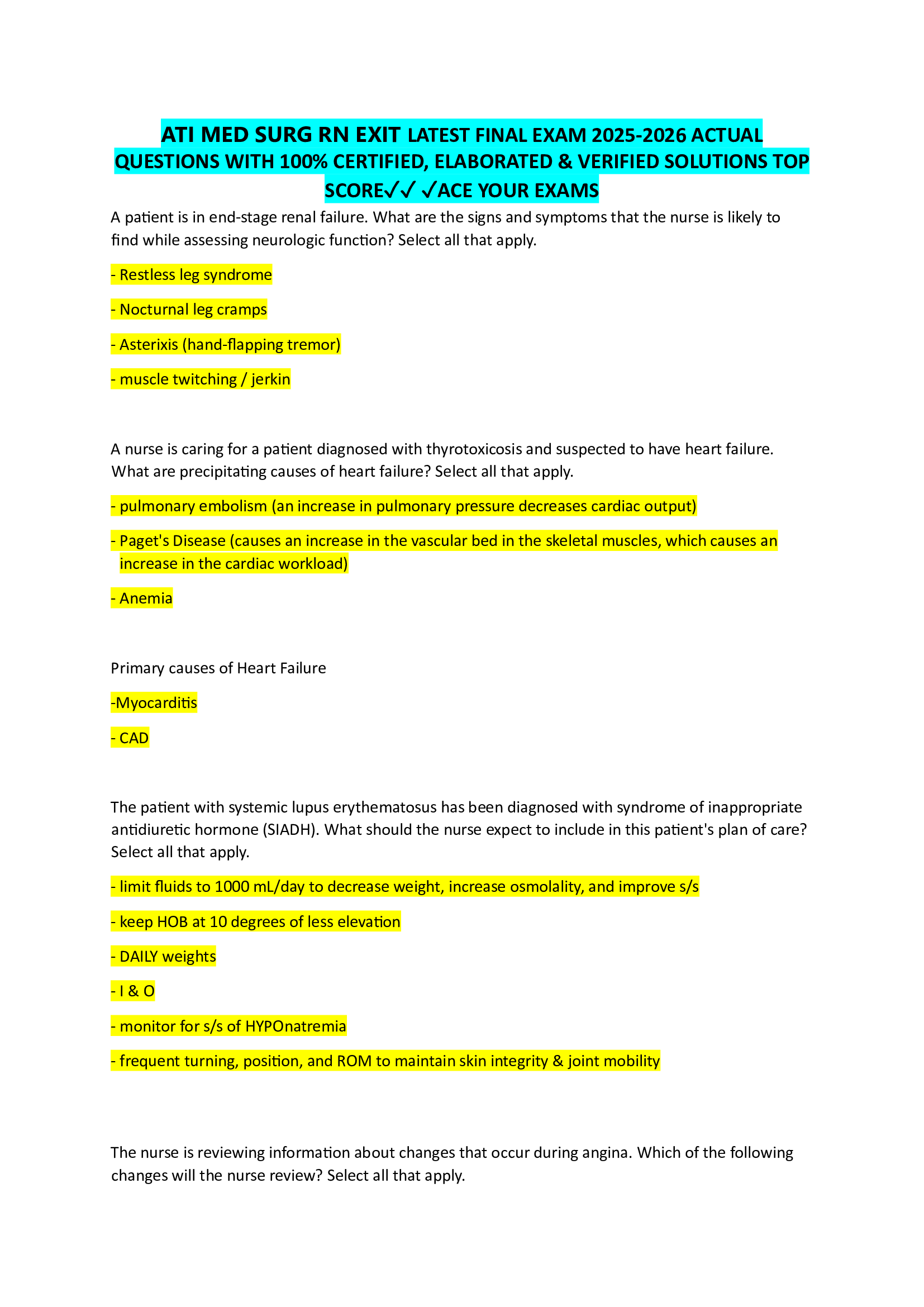 ATI MED SURG RN EXIT LATEST FINAL EXAM 2026-2026 ACTUAL  QUESTIONS WITH 100% CERTIFIED, ELABORATED & VERIFIED SOLUTIONS TOP  SCORE✓✓ ✓ACE YOUR EXAMS