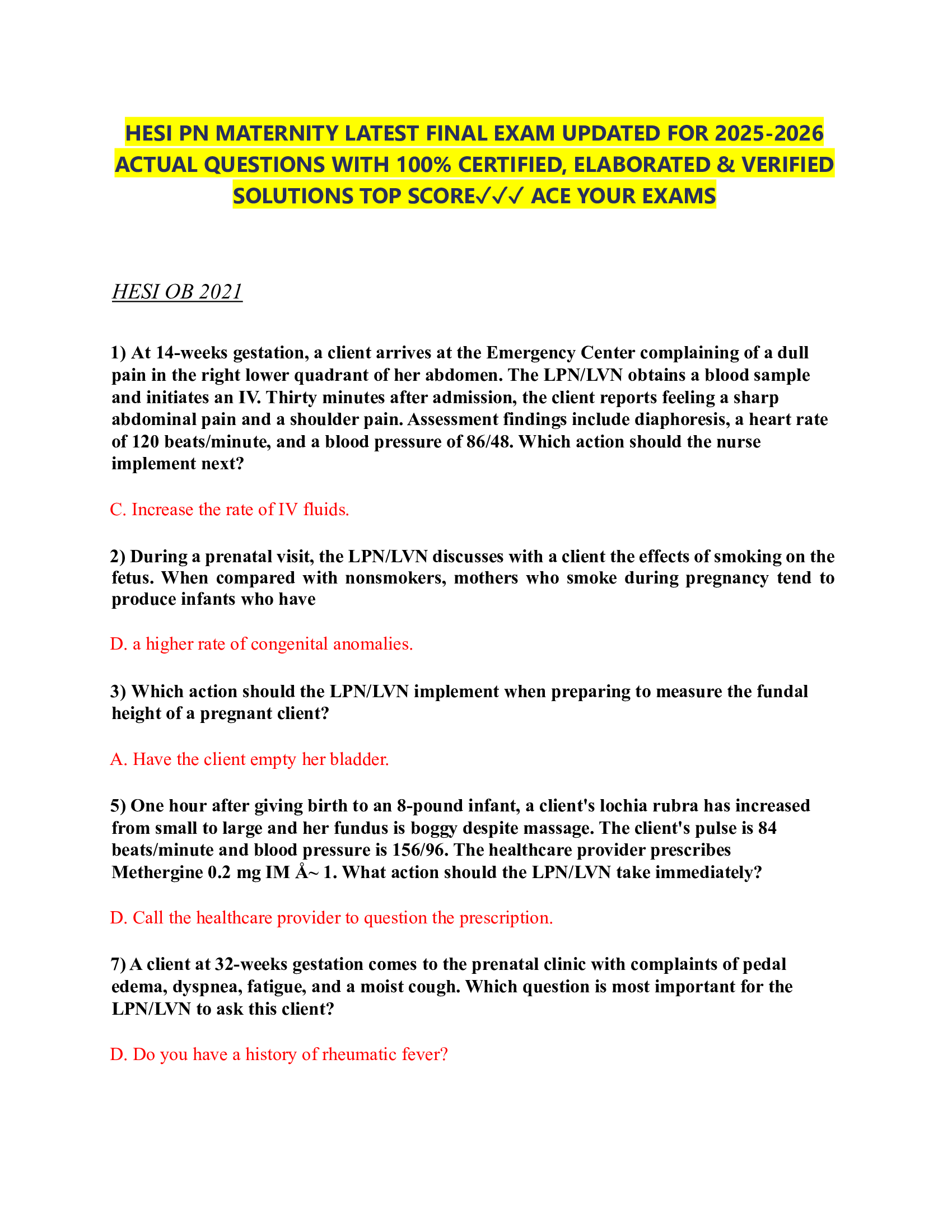 HESI PN MATERNITY LATEST FINAL EXAM UPDATED FOR 2026-2026  ACTUAL QUESTIONS WITH 100% CERTIFIED, ELABORATED & VERIFIED  SOLUTIONS TOP SCORE✓✓✓ ACE YOUR EXAMS