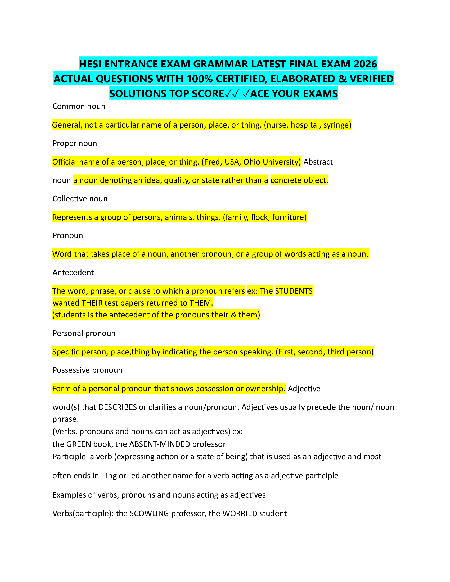 HESI ENTRANCE EXAM GRAMMAR LATEST FINAL EXAM 2026  ACTUAL QUESTIONS WITH 100% CERTIFIED, ELABORATED & VERIFIED  SOLUTIONS TOP SCORE✓✓ ✓ACE YOUR EXAMS