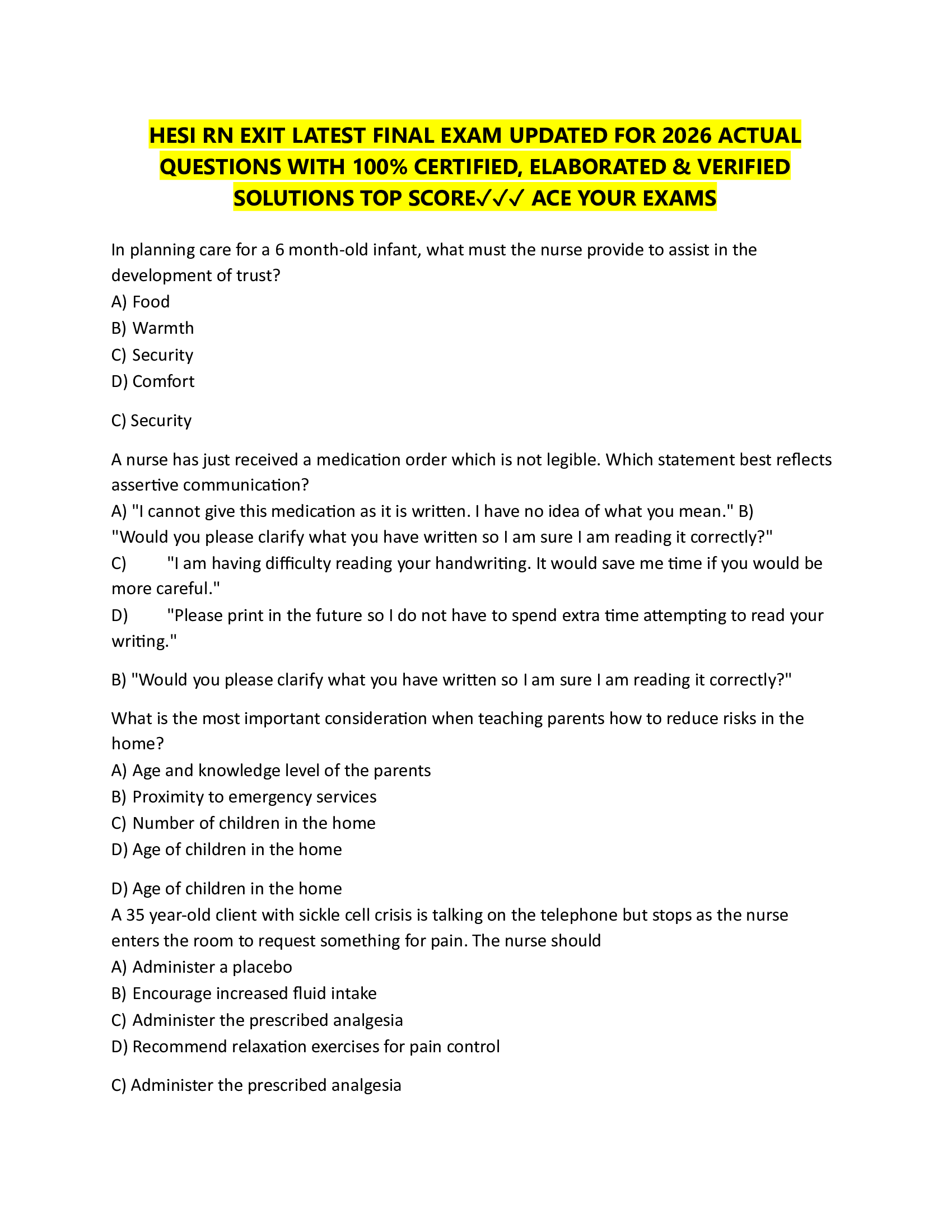 HESI RN EXIT LATEST FINAL EXAM UPDATED FOR 2026 ACTUAL  QUESTIONS WITH 100% CERTIFIED, ELABORATED & VERIFIED  SOLUTIONS TOP SCORE✓✓✓ ACE YOUR EXAMS