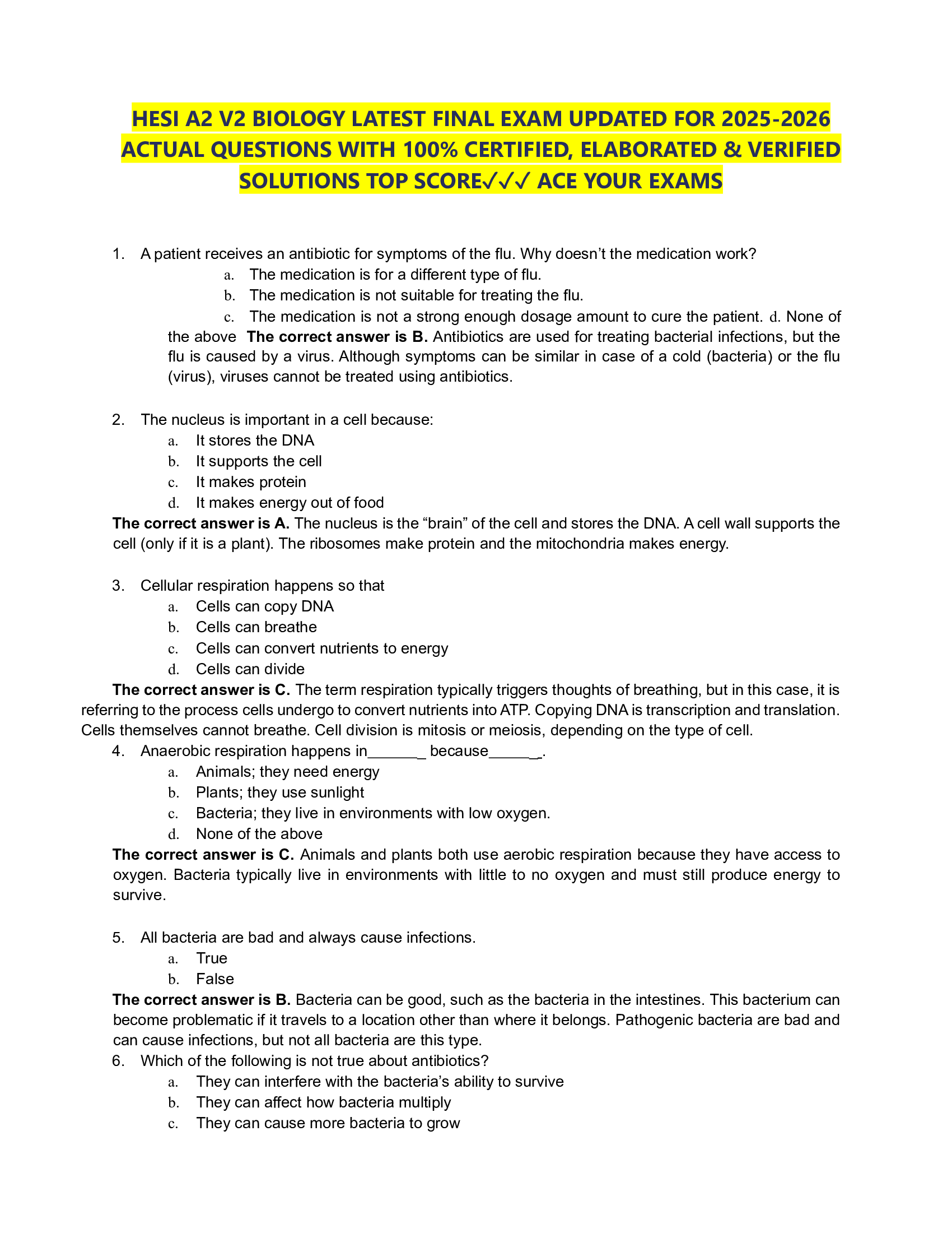 HESI A2 V2 BIOLOGY LATEST FINAL EXAM UPDATED FOR 2026-2026  ACTUAL QUESTIONS WITH 100% CERTIFIED, ELABORATED & VERIFIED  SOLUTIONS TOP SCORE✓✓✓ ACE YOUR EXAMS