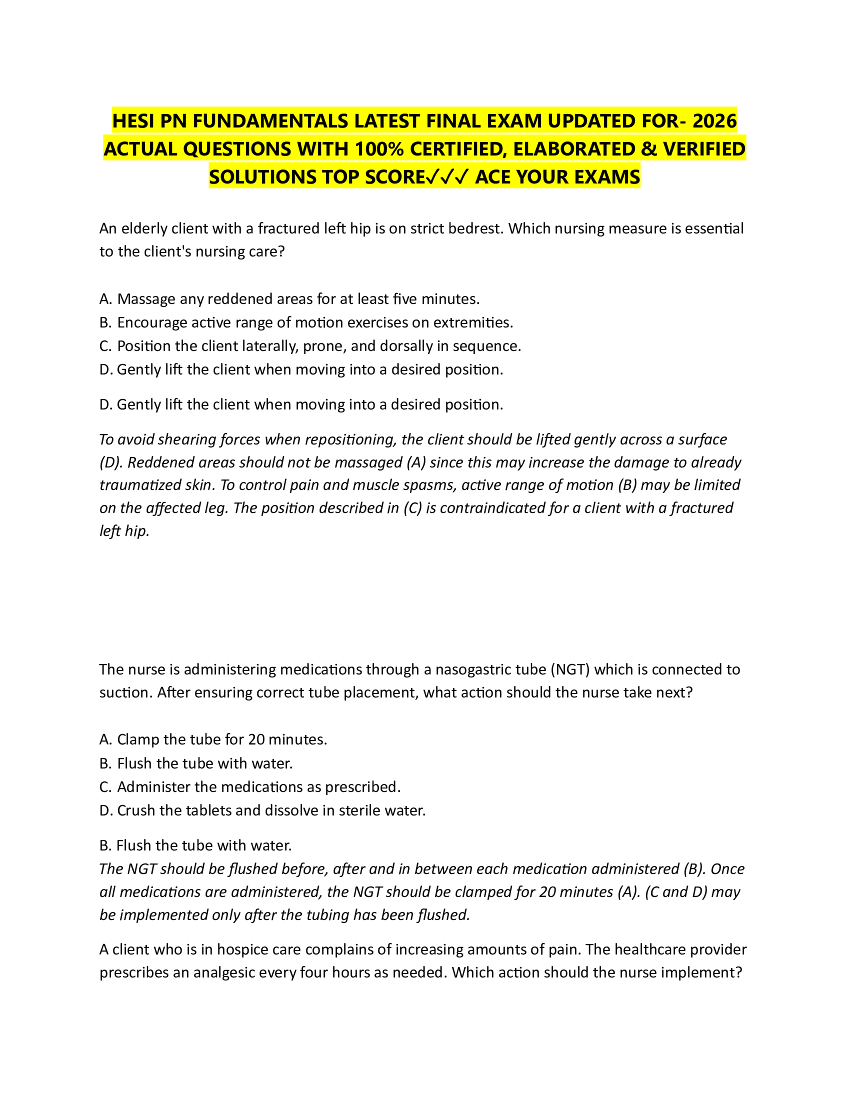 HESI PN FUNDAMENTALS LATEST FINAL EXAM UPDATED FOR- 2026  ACTUAL QUESTIONS WITH 100% CERTIFIED, ELABORATED & VERIFIED  SOLUTIONS TOP SCORE✓✓✓ ACE YOUR EXAMS
