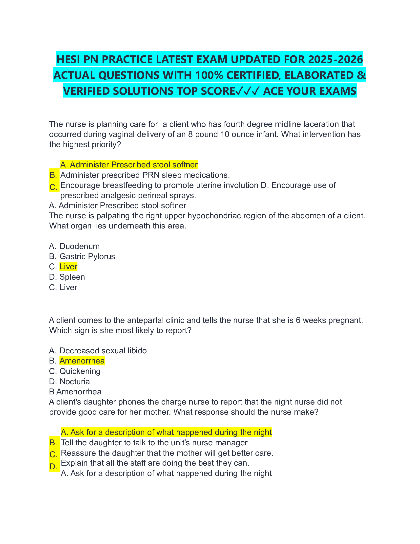 HESI PN PRACTICE LATEST EXAM UPDATED FOR 2026-2026  ACTUAL QUESTIONS WITH 100% CERTIFIED, ELABORATED &  VERIFIED SOLUTIONS TOP SCORE✓✓✓ ACE YOUR EXAMS