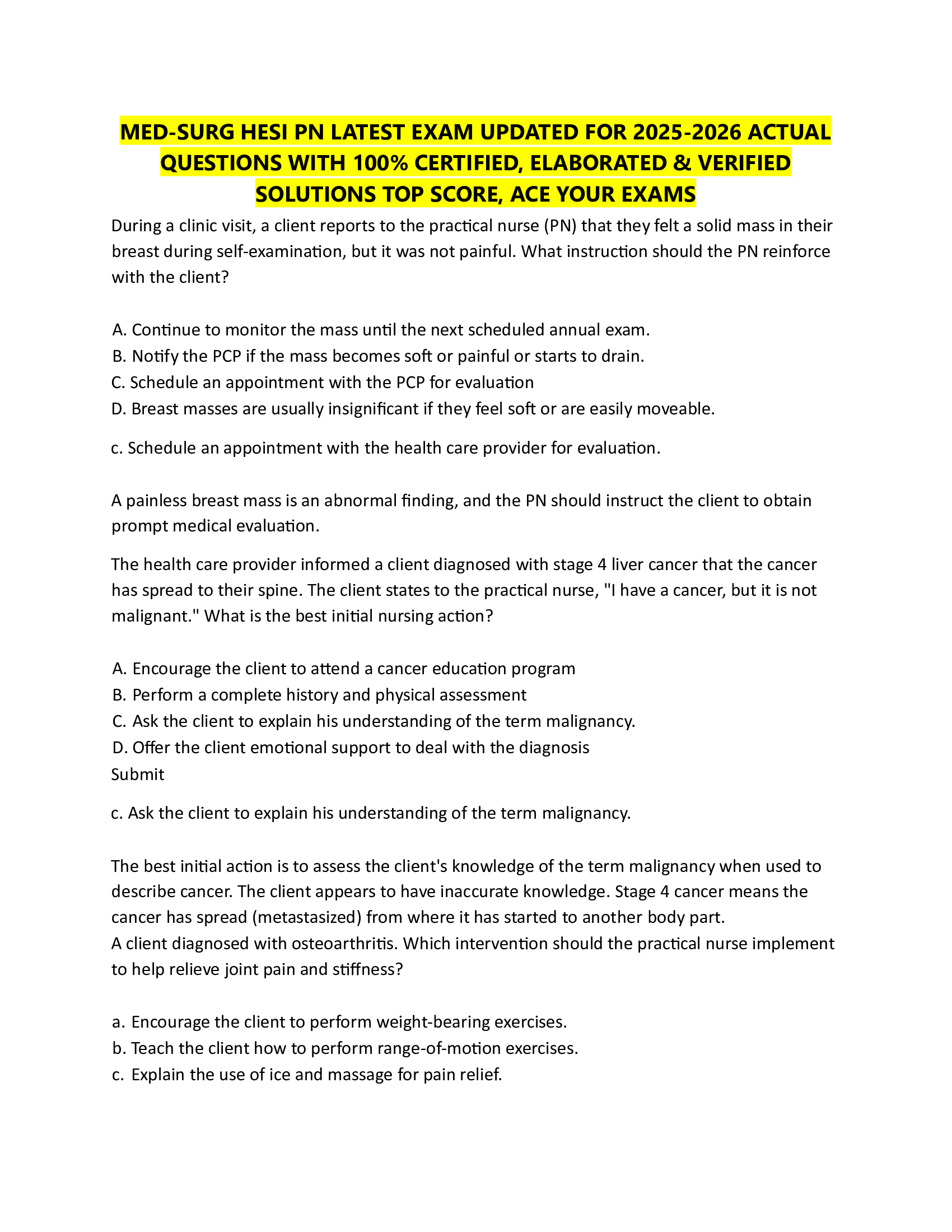 MED-SURG HESI PN LATEST EXAM UPDATED FOR 2026-2026 ACTUAL  QUESTIONS WITH 100% CERTIFIED, ELABORATED & VERIFIED  SOLUTIONS TOP SCORE, ACE YOUR EXAMS