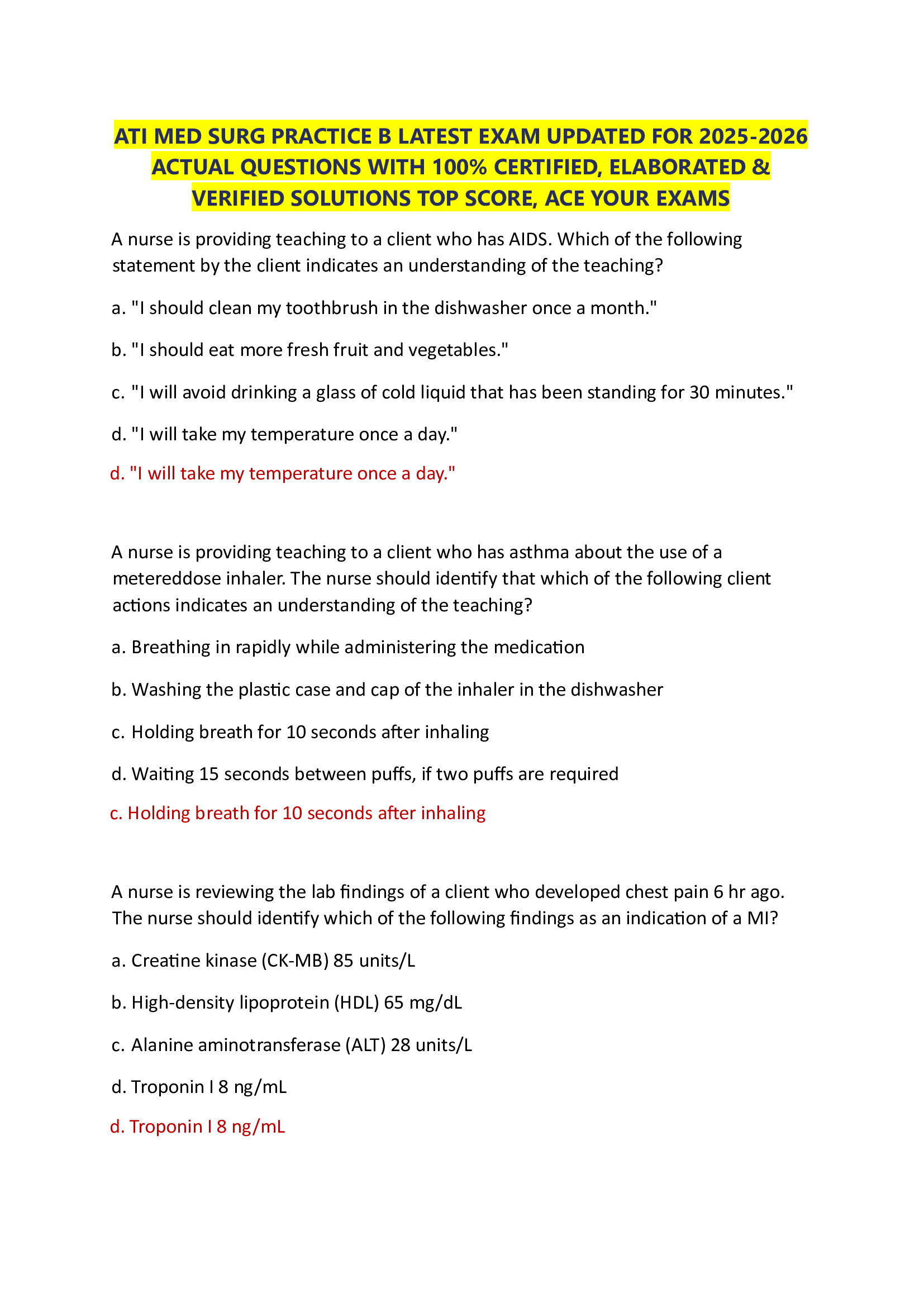 ATI MED SURG PRACTICE B LATEST EXAM UPDATED FOR 2026-2026  ACTUAL QUESTIONS WITH 100% CERTIFIED, ELABORATED &  VERIFIED SOLUTIONS TOP SCORE, ACE YOUR EXAMS