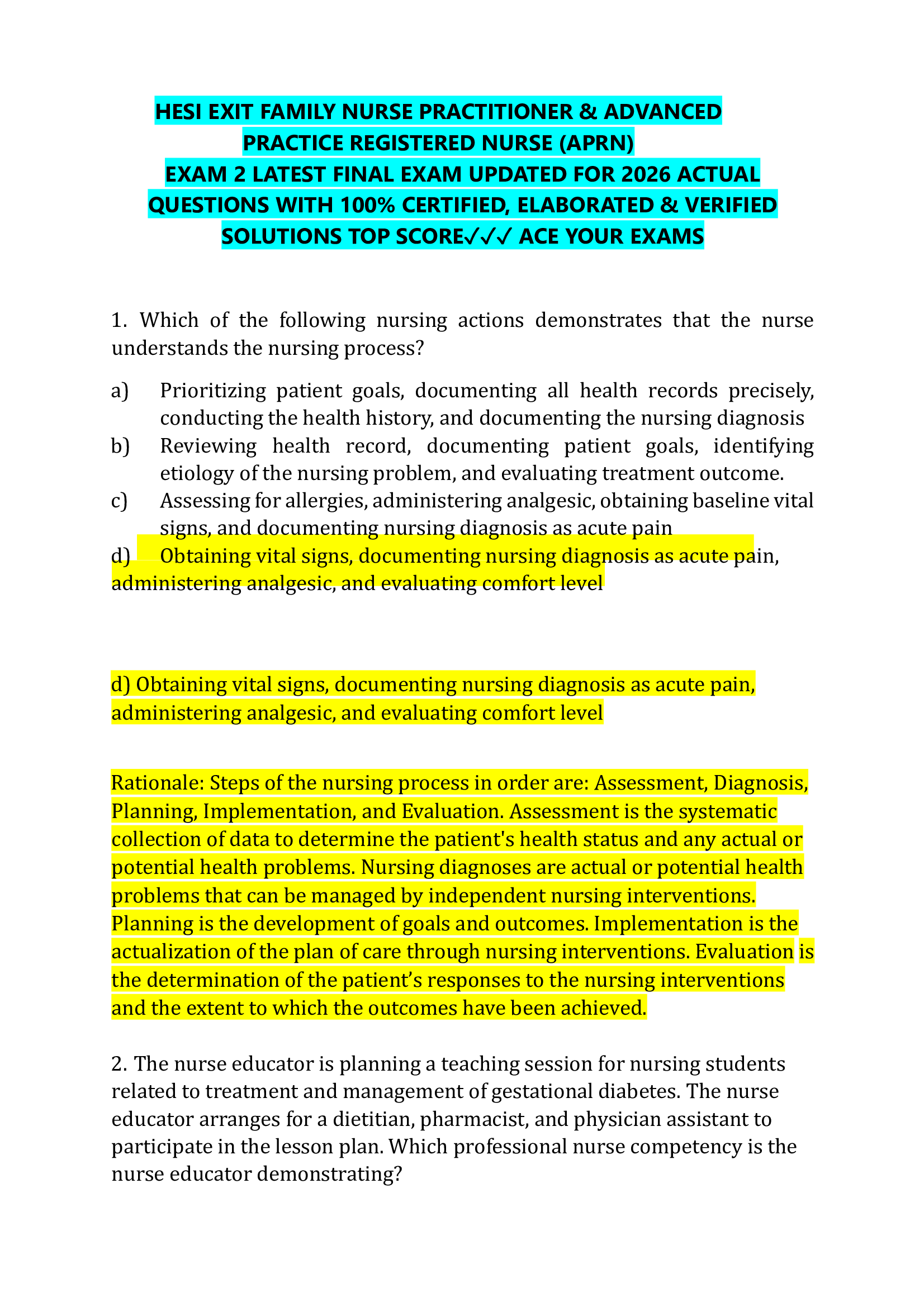 HESI EXIT FAMILY NURSE PRACTITIONER & ADVANCED  PRACTICE REGISTERED NURSE (APRN)  EXAM 2 LATEST FINAL EXAM UPDATED FOR 2026 ACTUAL  QUESTIONS WITH 100% CERTIFIED, ELABORATED & VERIFIED  SOLUTIONS TOP SCORE✓✓✓ ACE YOUR EXAMS