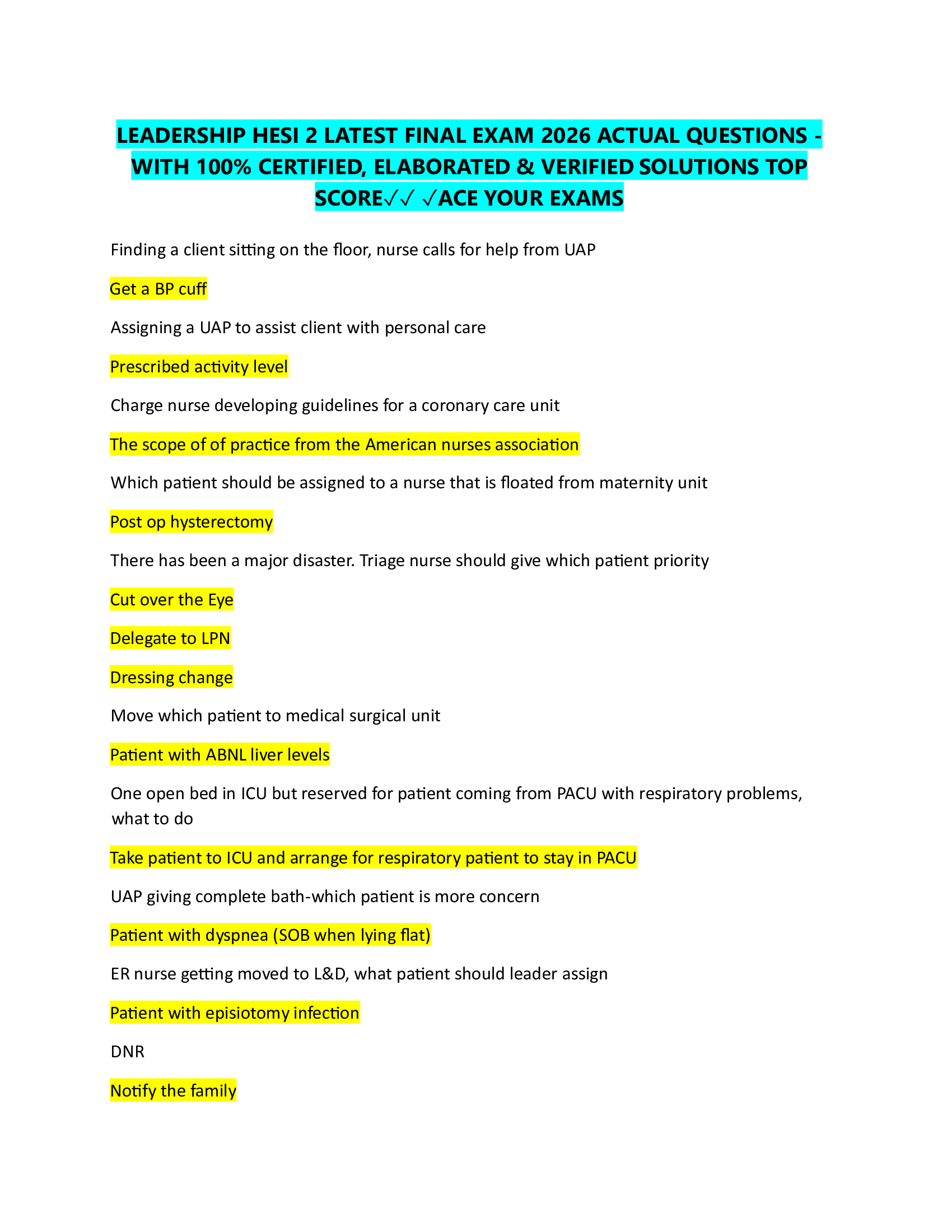 LEADERSHIP HESI 2 LATEST FINAL EXAM 2026 ACTUAL QUESTIONS  WITH 100% CERTIFIED, ELABORATED & VERIFIED SOLUTIONS TOP  SCORE✓✓ ✓ACE YOUR EXAMS
