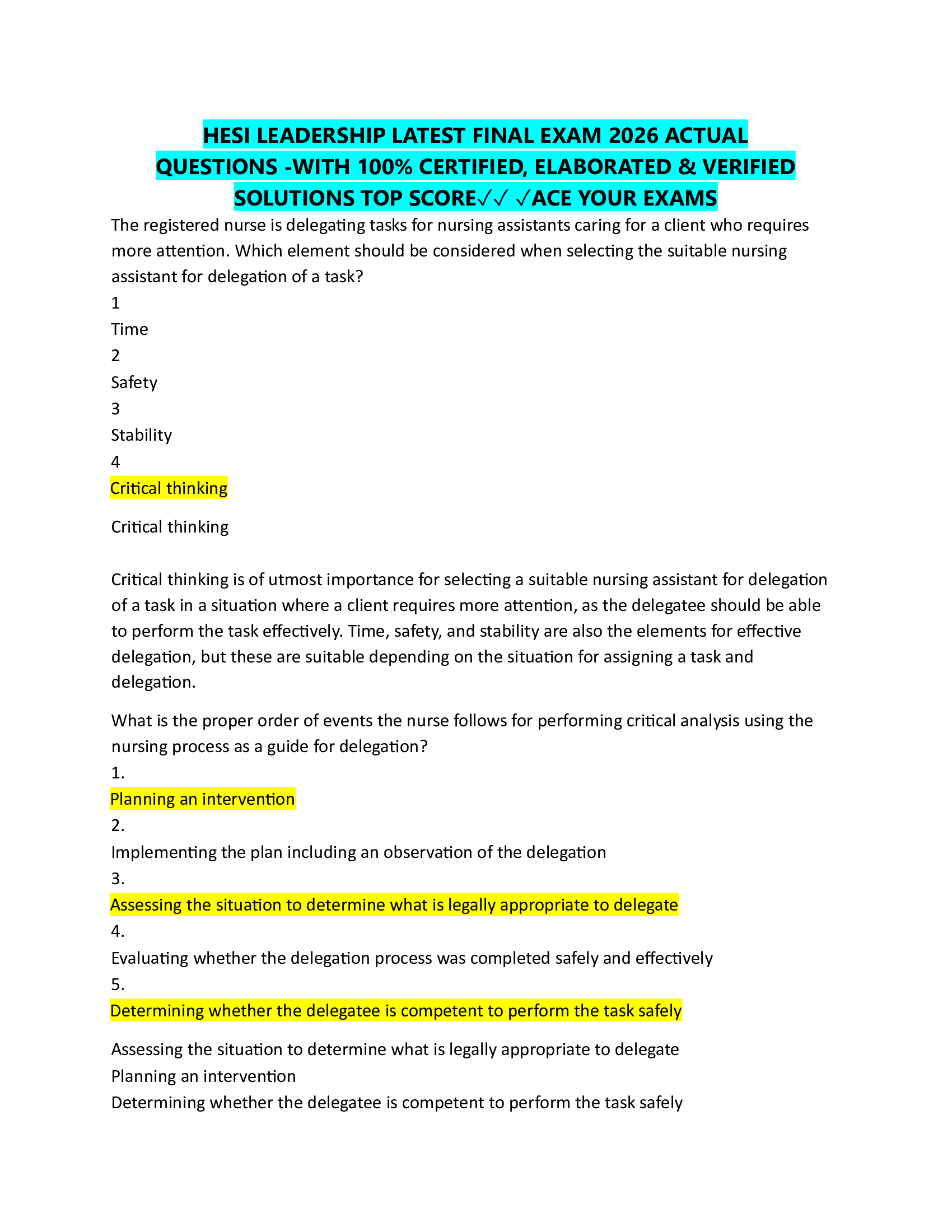 HESI LEADERSHIP LATEST FINAL EXAM 2026 ACTUAL   QUESTIONS -WITH 100% CERTIFIED, ELABORATED & VERIFIED   SOLUTIONS TOP SCORE✓✓ ✓ACE YOUR EXAMS