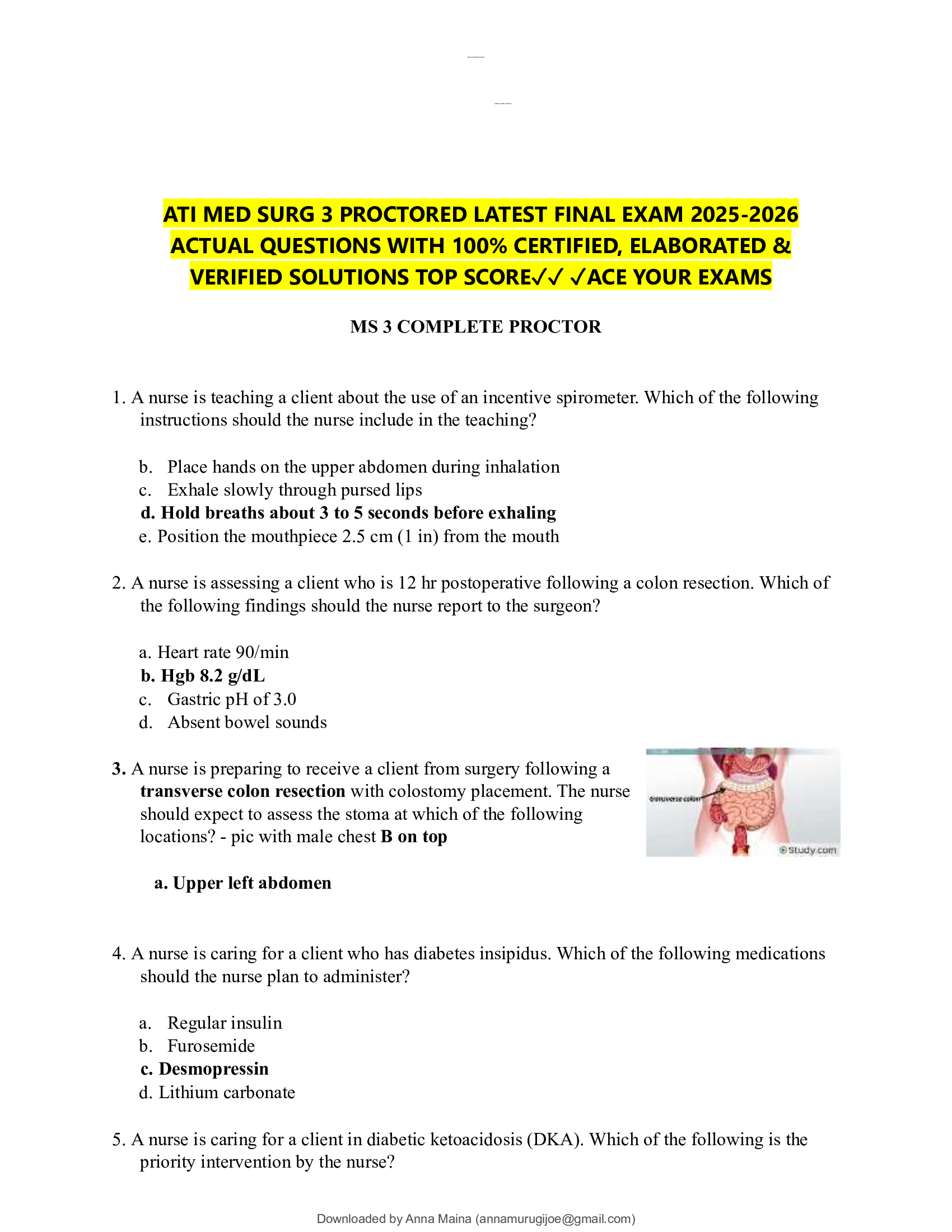 ATI MED SURG 3 PROCTORED LATEST FINAL EXAM 2026-2026  ACTUAL QUESTIONS WITH 100% CERTIFIED, ELABORATED &  VERIFIED SOLUTIONS TOP SCORE✓✓ ✓ACE YOUR EXAMS