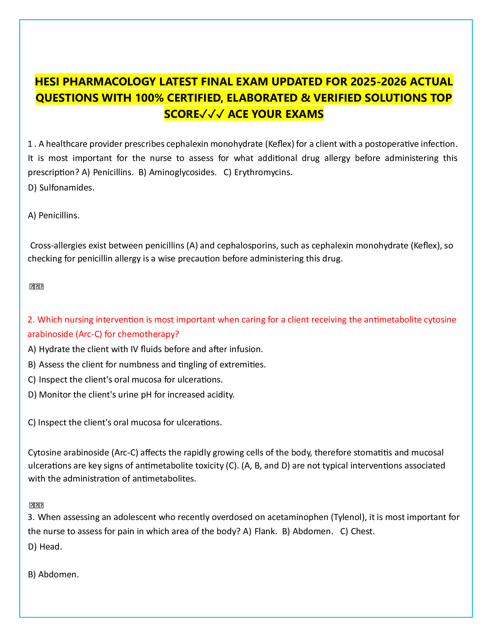 HESI PHARMACOLOGY LATEST FINAL EXAM UPDATED FOR 2026-2026 ACTUAL  QUESTIONS WITH 100% CERTIFIED, ELABORATED & VERIFIED SOLUTIONS TOP  SCORE✓✓✓ ACE YOUR EXAMS