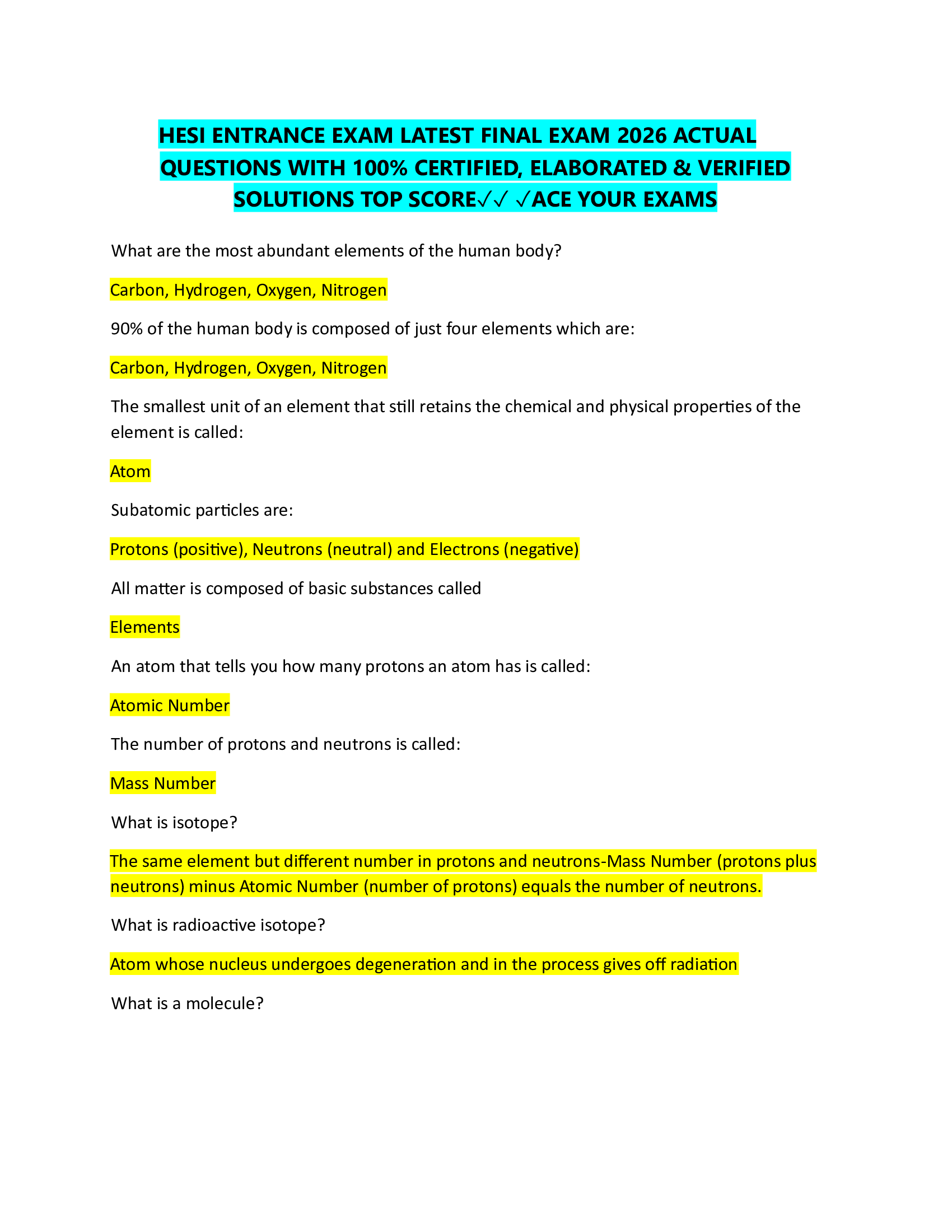 HESI ENTRANCE EXAM LATEST FINAL EXAM 2026 ACTUAL  QUESTIONS WITH 100% CERTIFIED, ELABORATED & VERIFIED  SOLUTIONS TOP SCORE✓✓ ✓ACE YOUR EXAMS