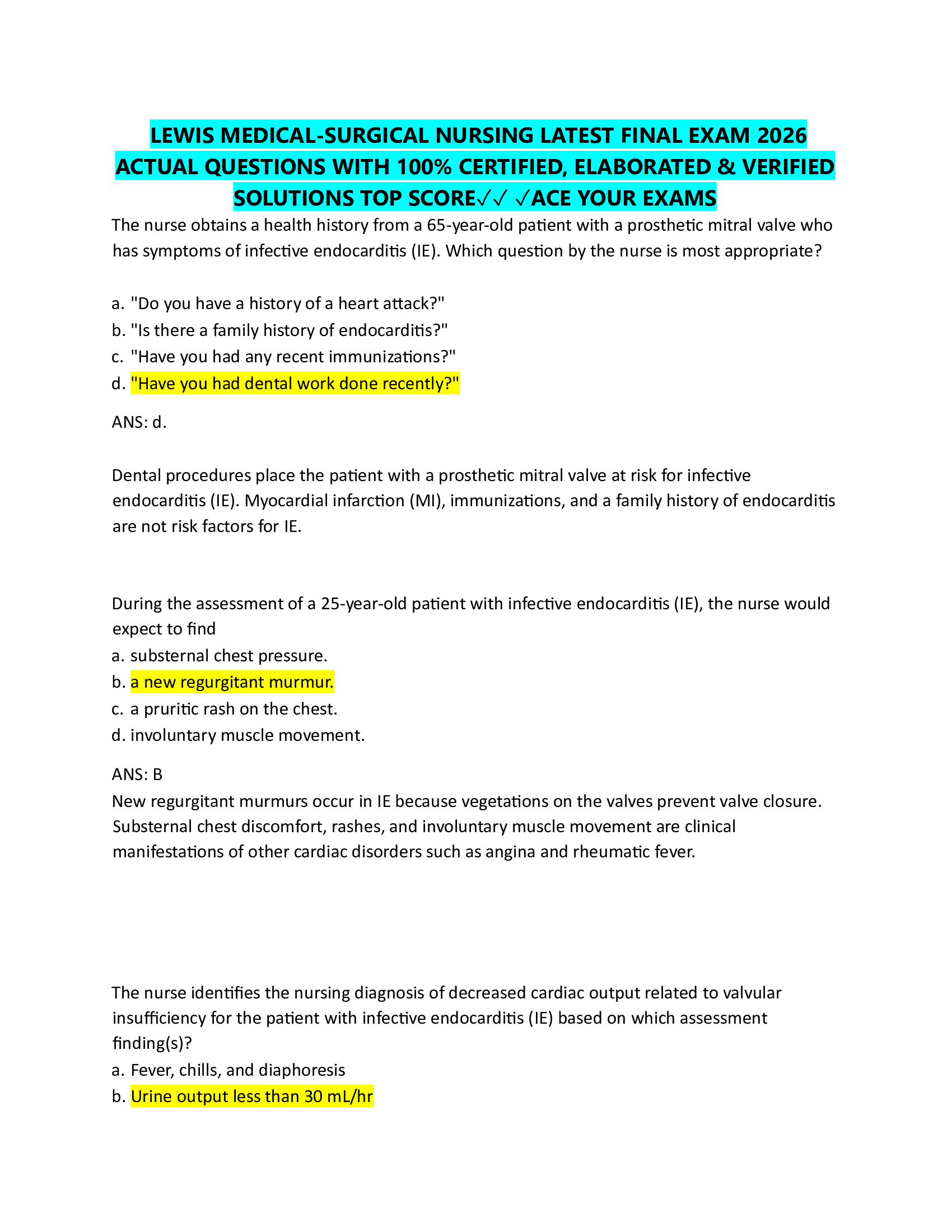 LEWIS MEDICAL-SURGICAL NURSING LATEST FINAL EXAM 2026  ACTUAL QUESTIONS WITH 100% CERTIFIED, ELABORATED & VERIFIED  SOLUTIONS TOP SCORE✓✓ ✓ACE YOUR EXAMS