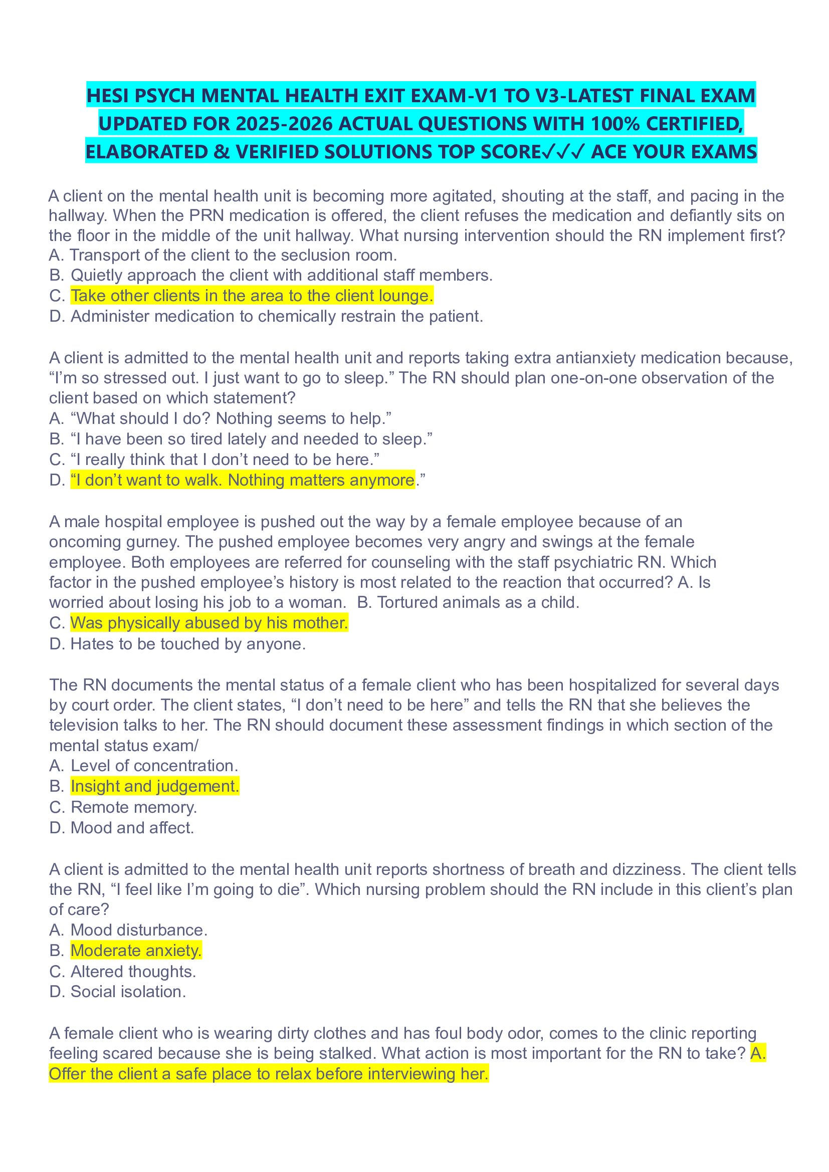 HESI PSYCH MENTAL HEALTH EXIT EXAM-V1 TO V3-LATEST FINAL EXAM  UPDATED FOR 2026-2026 ACTUAL QUESTIONS WITH 100% CERTIFIED,  ELABORATED & VERIFIED SOLUTIONS TOP SCORE✓✓✓ ACE YOUR EXAMS