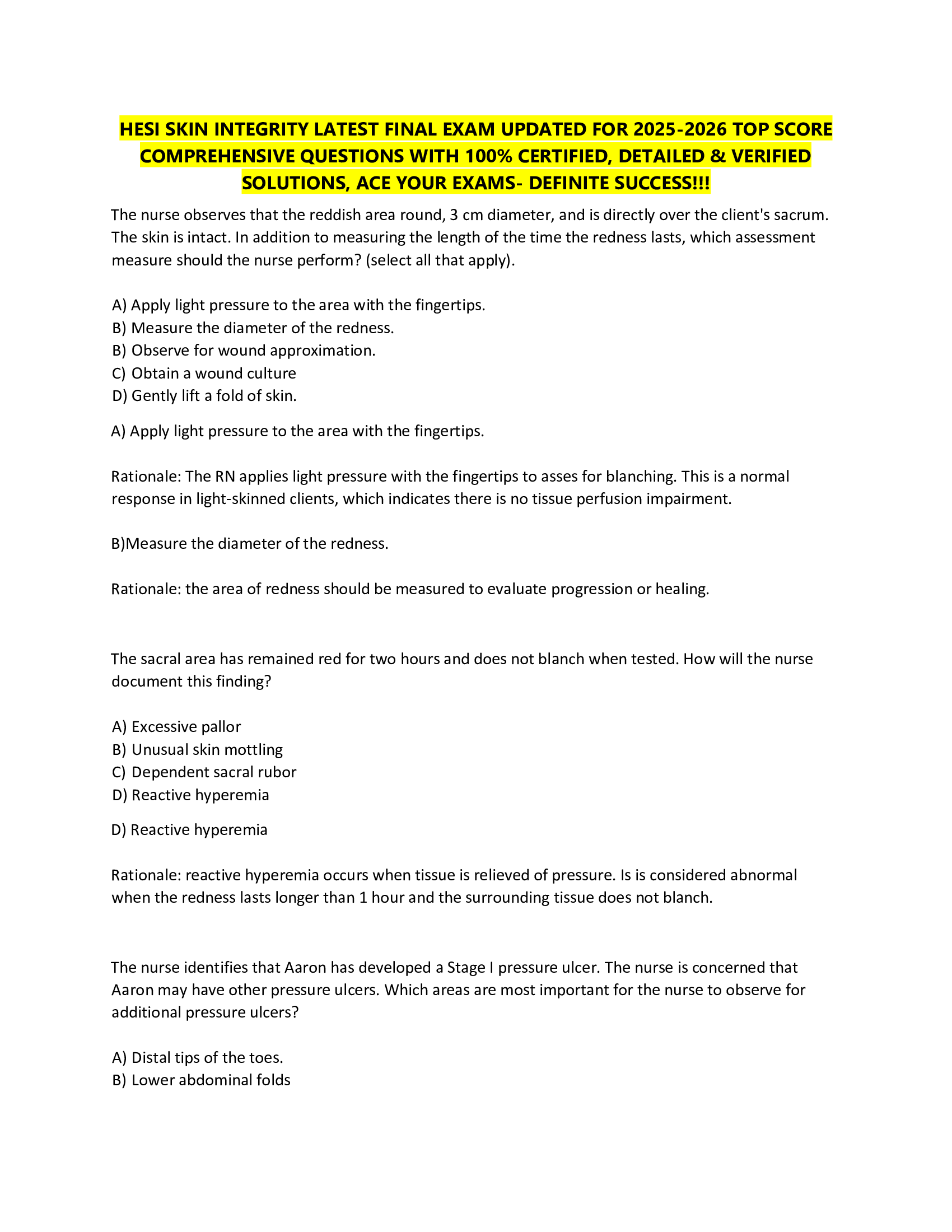 HESI SKIN INTEGRITY LATEST FINAL EXAM UPDATED FOR 2026-2026 TOP SCORE   COMPREHENSIVE QUESTIONS WITH 100% CERTIFIED, DETAILED & VERIFIED  SOLUTIONS, ACE YOUR EXAMS- DEFINITE SUCCESS!!!
