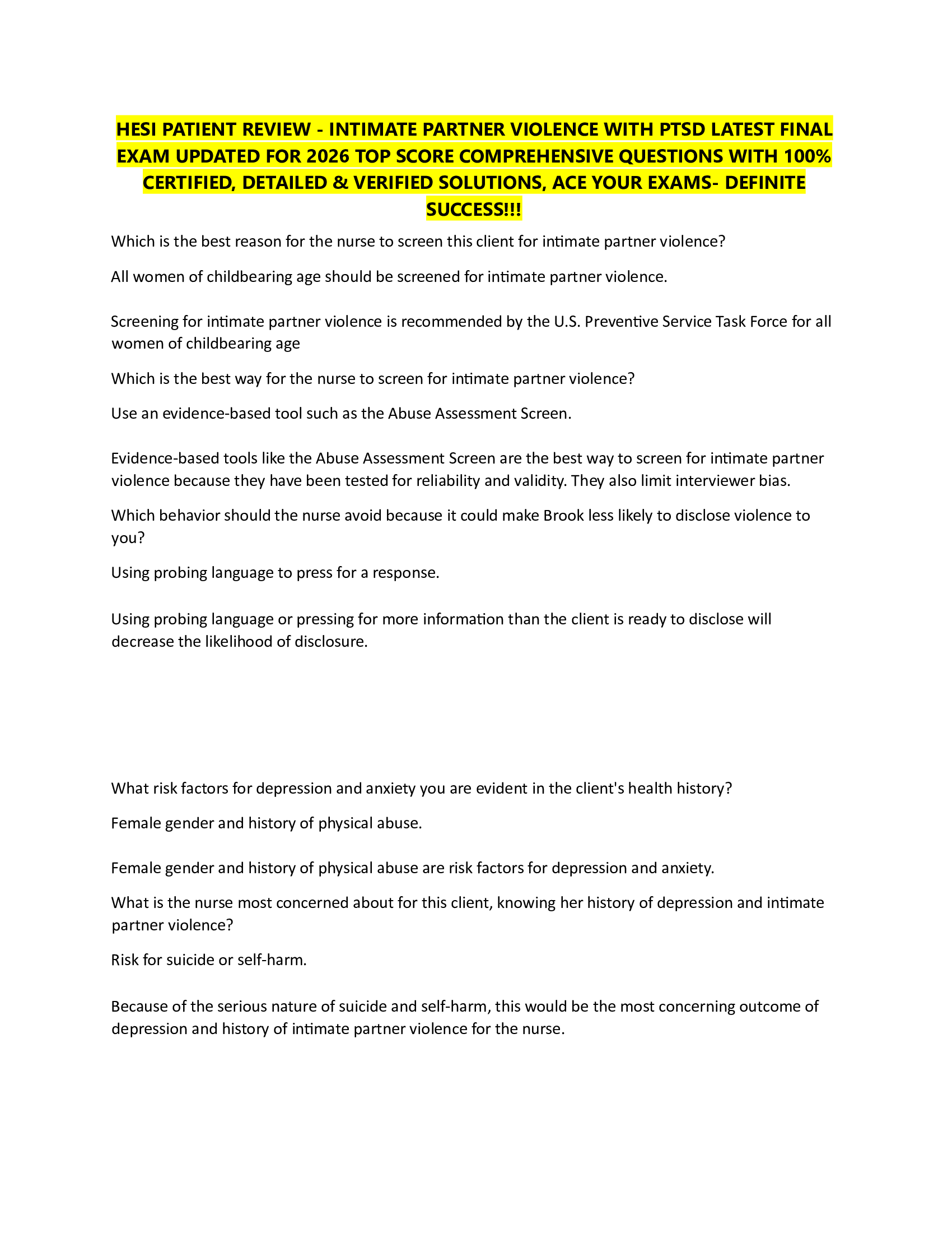 HESI PATIENT REVIEW - INTIMATE PARTNER VIOLENCE WITH PTSD LATEST FINAL   EXAM UPDATED FOR 2026 TOP SCORE COMPREHENSIVE QUESTIONS WITH 100%  CERTIFIED, DETAILED & VERIFIED SOLUTIONS, ACE YOUR EXAMS- DEFINITE  SUCCESS!!!