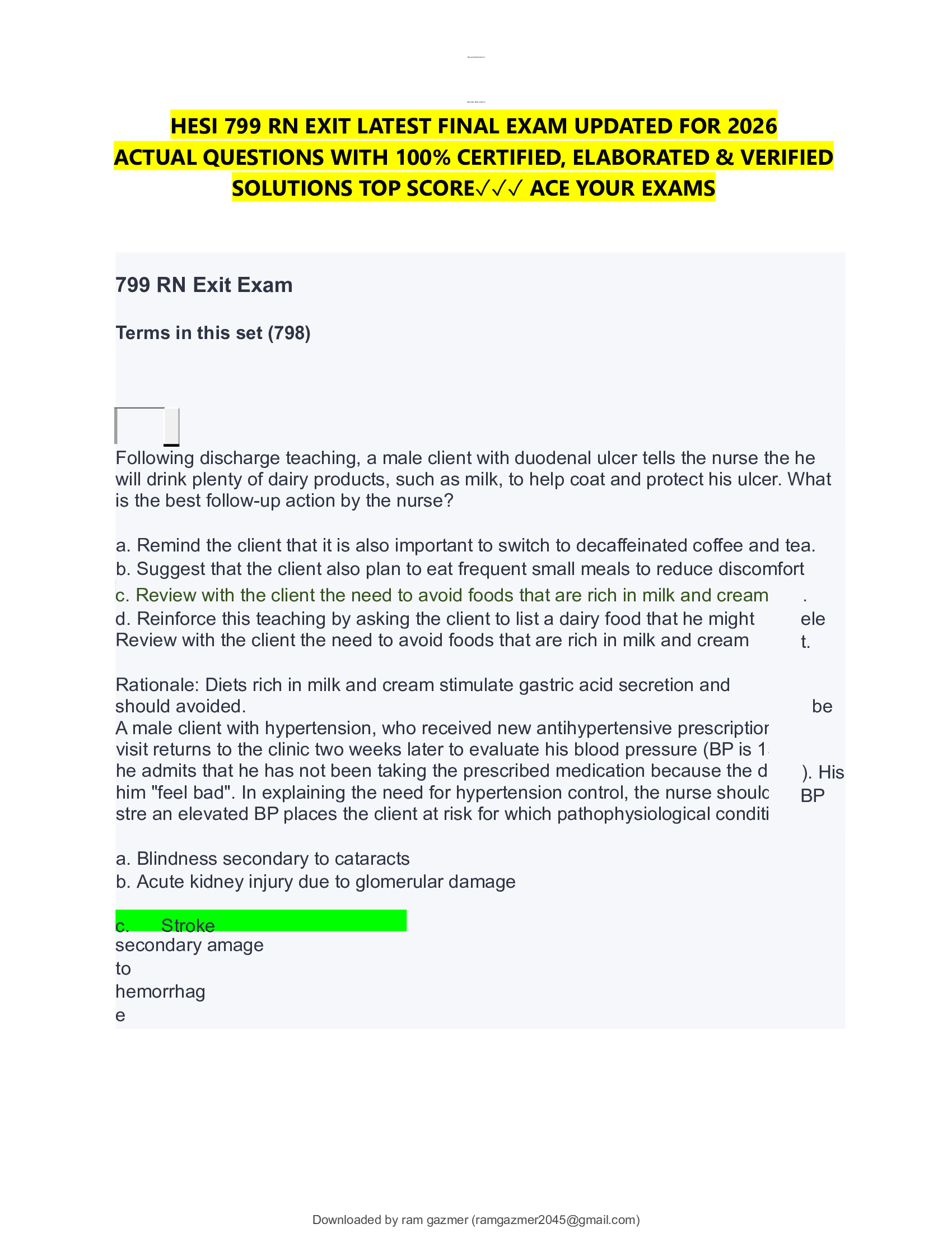 HESI 799 RN EXIT LATEST FINAL EXAM UPDATED FOR 2026   ACTUAL QUESTIONS WITH 100% CERTIFIED, ELABORATED & VERIFIED   SOLUTIONS TOP SCORE✓✓✓ ACE YOUR EXAMS
