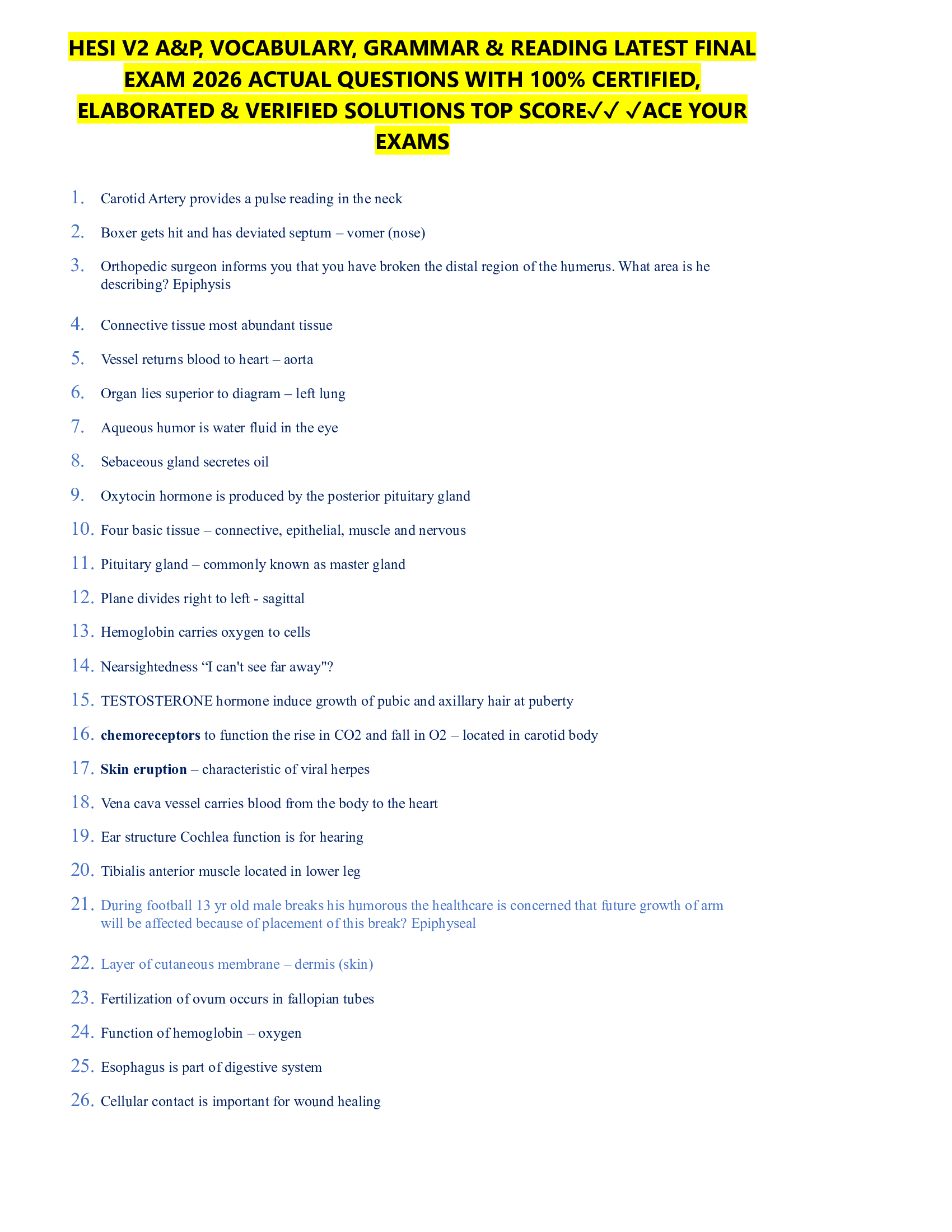 HESI V2 A&P, VOCABULARY, GRAMMAR & READING LATEST FINAL  EXAM 2026 ACTUAL QUESTIONS WITH 100% CERTIFIED,  ELABORATED & VERIFIED SOLUTIONS TOP SCORE✓✓ ✓ACE YOUR  EXAMS