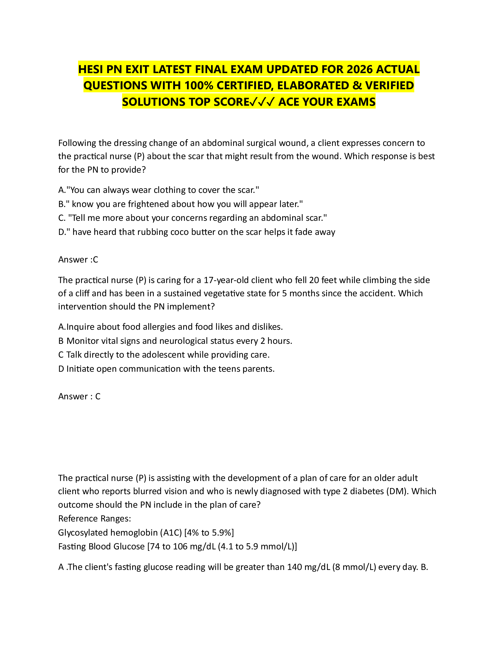 HESI PN EXIT LATEST FINAL EXAM UPDATED FOR 2026 ACTUAL  QUESTIONS WITH 100% CERTIFIED, ELABORATED & VERIFIED  SOLUTIONS TOP SCORE✓✓✓ ACE YOUR EXAMS