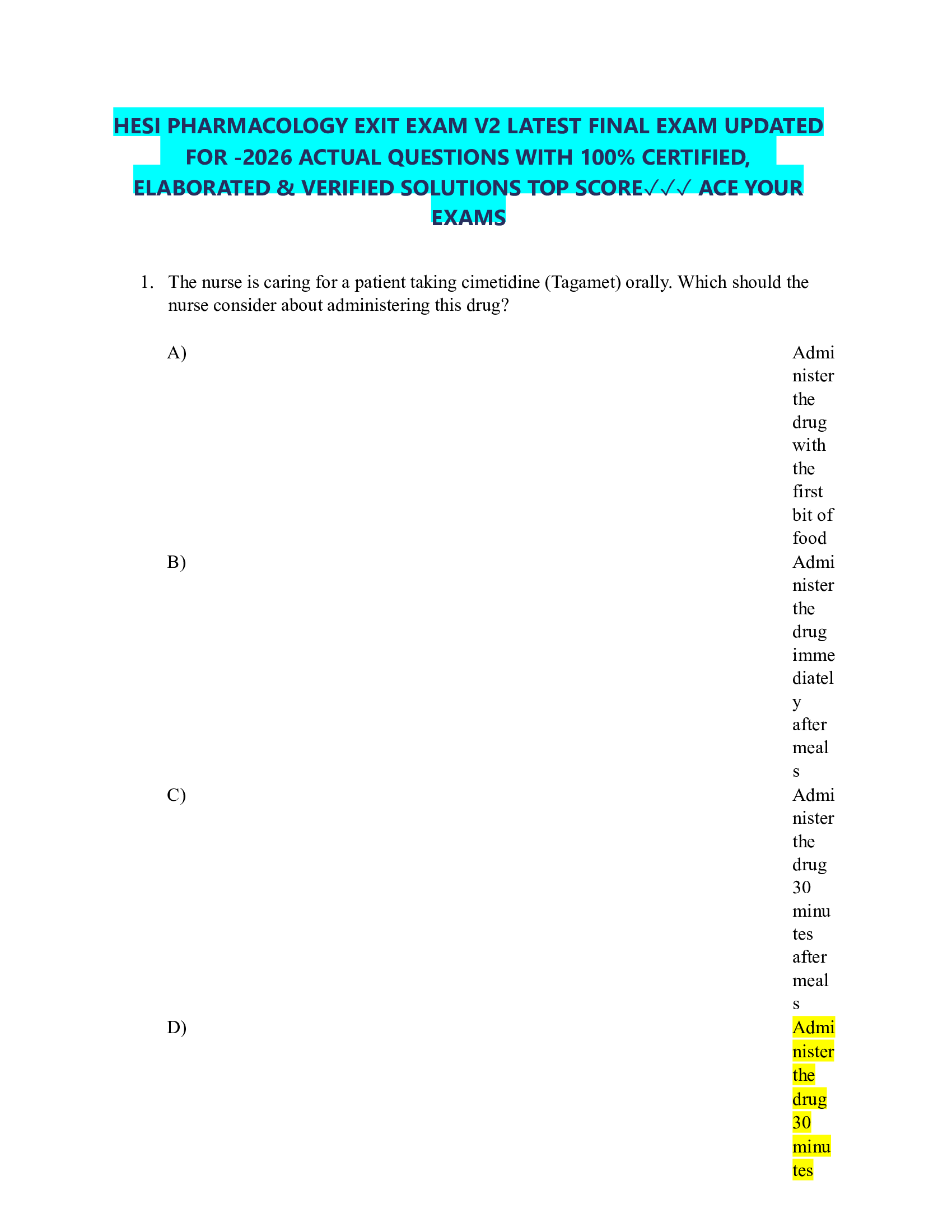 HESI PHARMACOLOGY EXIT EXAM V2 LATEST FINAL EXAM UPDATED   FOR -2026 ACTUAL QUESTIONS WITH 100% CERTIFIED,   ELABORATED & VERIFIED SOLUTIONS TOP SCORE✓✓✓ ACE YOUR  EXAMS