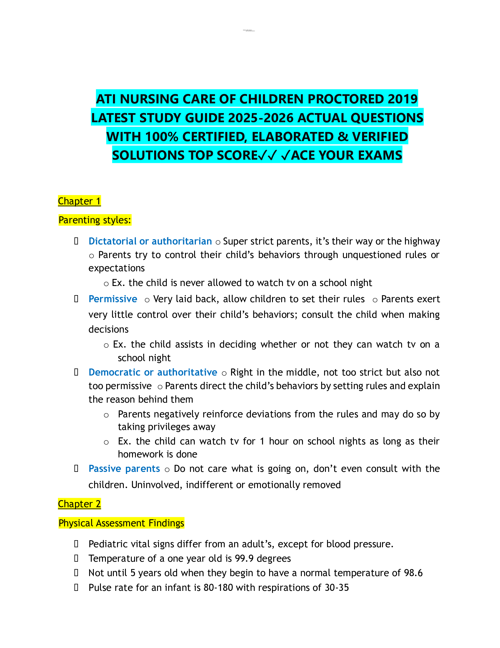 ATI NURSING CARE OF CHILDREN PROCTORED 2019  LATEST STUDY GUIDE 2026-2026 ACTUAL QUESTIONS  WITH 100% CERTIFIED, ELABORATED & VERIFIED  SOLUTIONS TOP SCORE✓✓ ✓ACE YOUR EXAMS