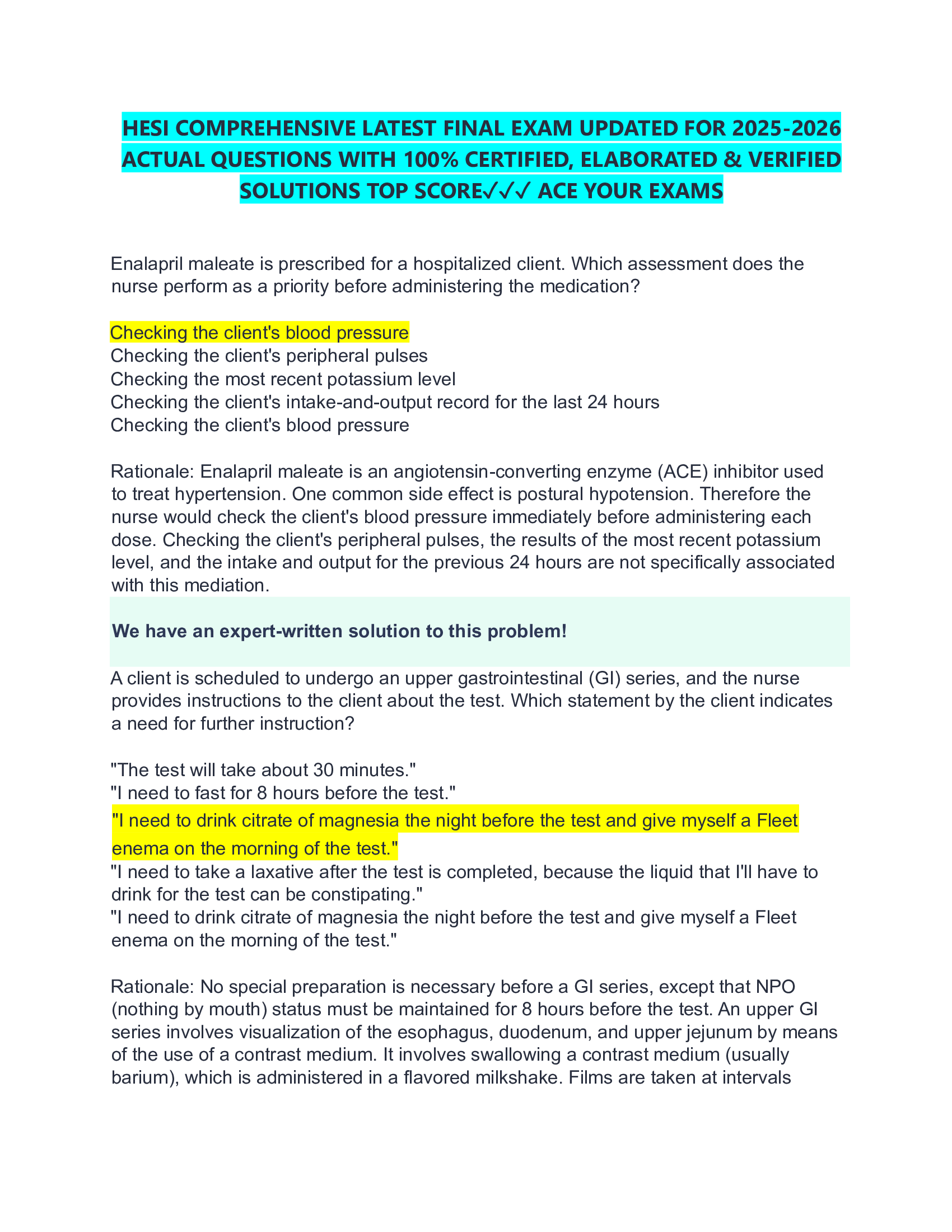 HESI COMPREHENSIVE LATEST FINAL EXAM UPDATED FOR 2026-2026  ACTUAL QUESTIONS WITH 100% CERTIFIED, ELABORATED & VERIFIED  SOLUTIONS TOP SCORE✓✓✓ ACE YOUR EXAMS
