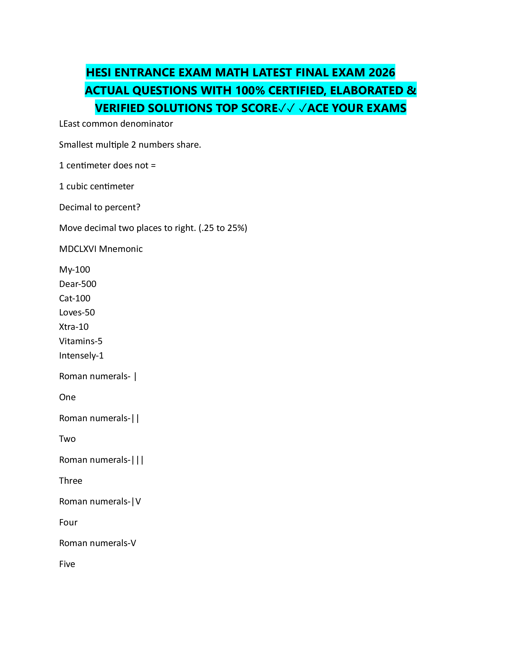 HESI ENTRANCE EXAM MATH LATEST FINAL EXAM 2026  ACTUAL QUESTIONS WITH 100% CERTIFIED, ELABORATED &  VERIFIED SOLUTIONS TOP SCORE✓✓ ✓ACE YOUR EXAMS