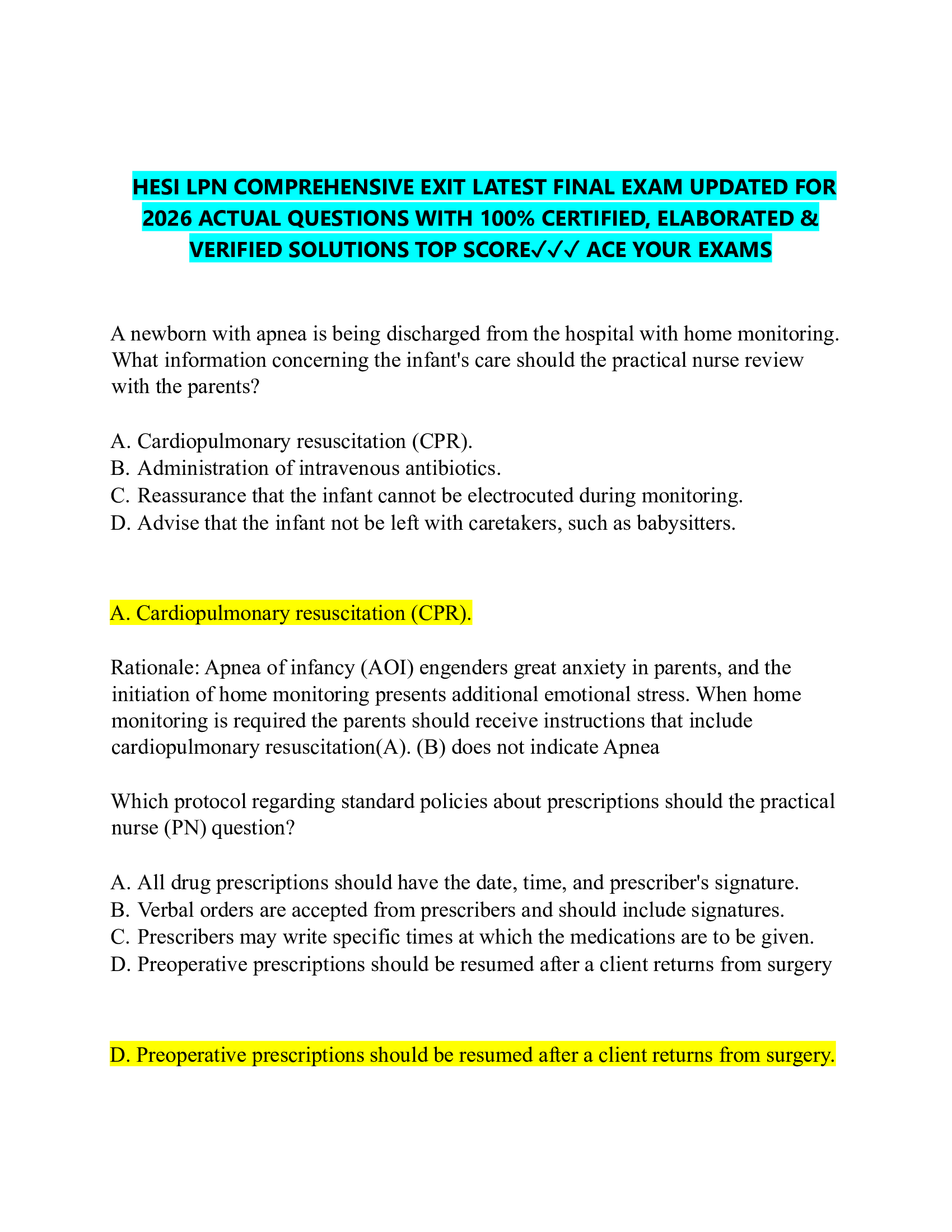 HESI LPN COMPREHENSIVE EXIT LATEST FINAL EXAM UPDATED FOR  2026 ACTUAL QUESTIONS WITH 100% CERTIFIED, ELABORATED &  VERIFIED SOLUTIONS TOP SCORE✓✓✓ ACE YOUR EXAMS