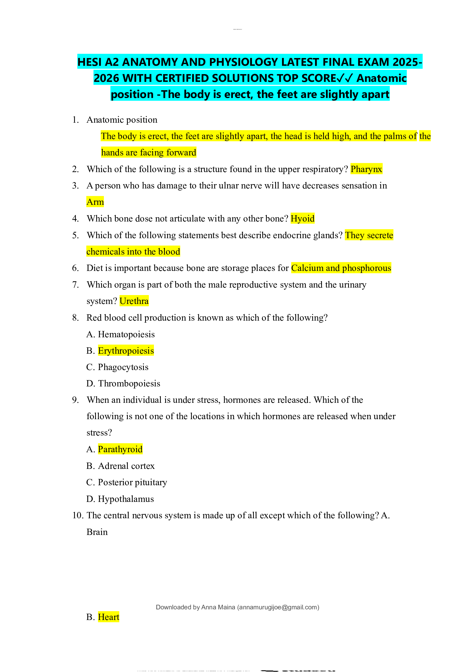 HESI A2 ANATOMY & PHYSIOLOGY LATEST FINAL EXAM UPDATED FOR  2026-2026 ACTUAL QUESTIONS WITH 100% CERTIFIED, ELABORATED  VERIFIED SOLUTIONS TOP SCORE✓✓✓ ACE YOUR EXAMS