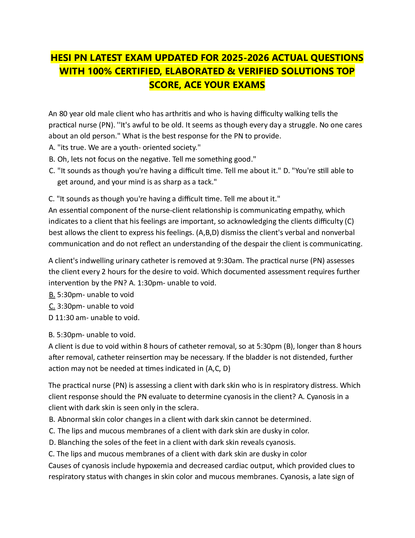 HESI PN LATEST EXAM UPDATED FOR 2026-2026 ACTUAL QUESTIONS  WITH 100% CERTIFIED, ELABORATED & VERIFIED SOLUTIONS TOP  SCORE, ACE YOUR EXAMS